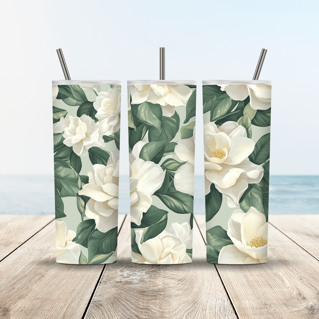 Personalized Magnolia Tumbler with Custom Name, Elegant Floral Gift