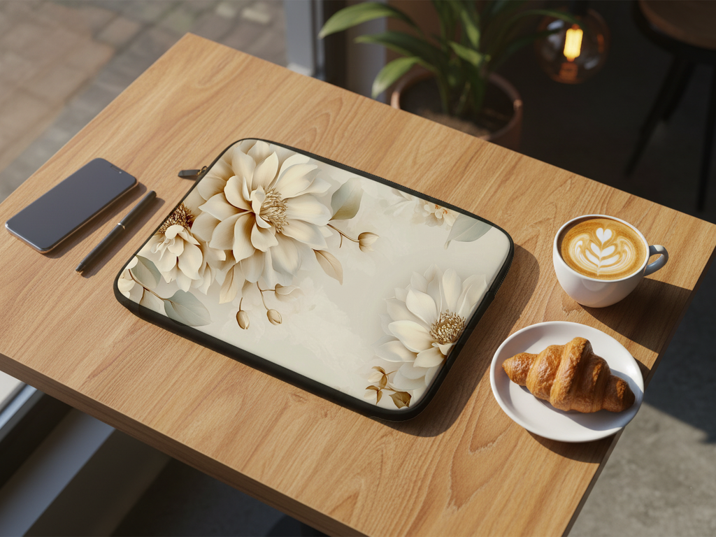 Cream Magnolia Laptop Portfolio with Personalized Name Botanical Tech Sleeve