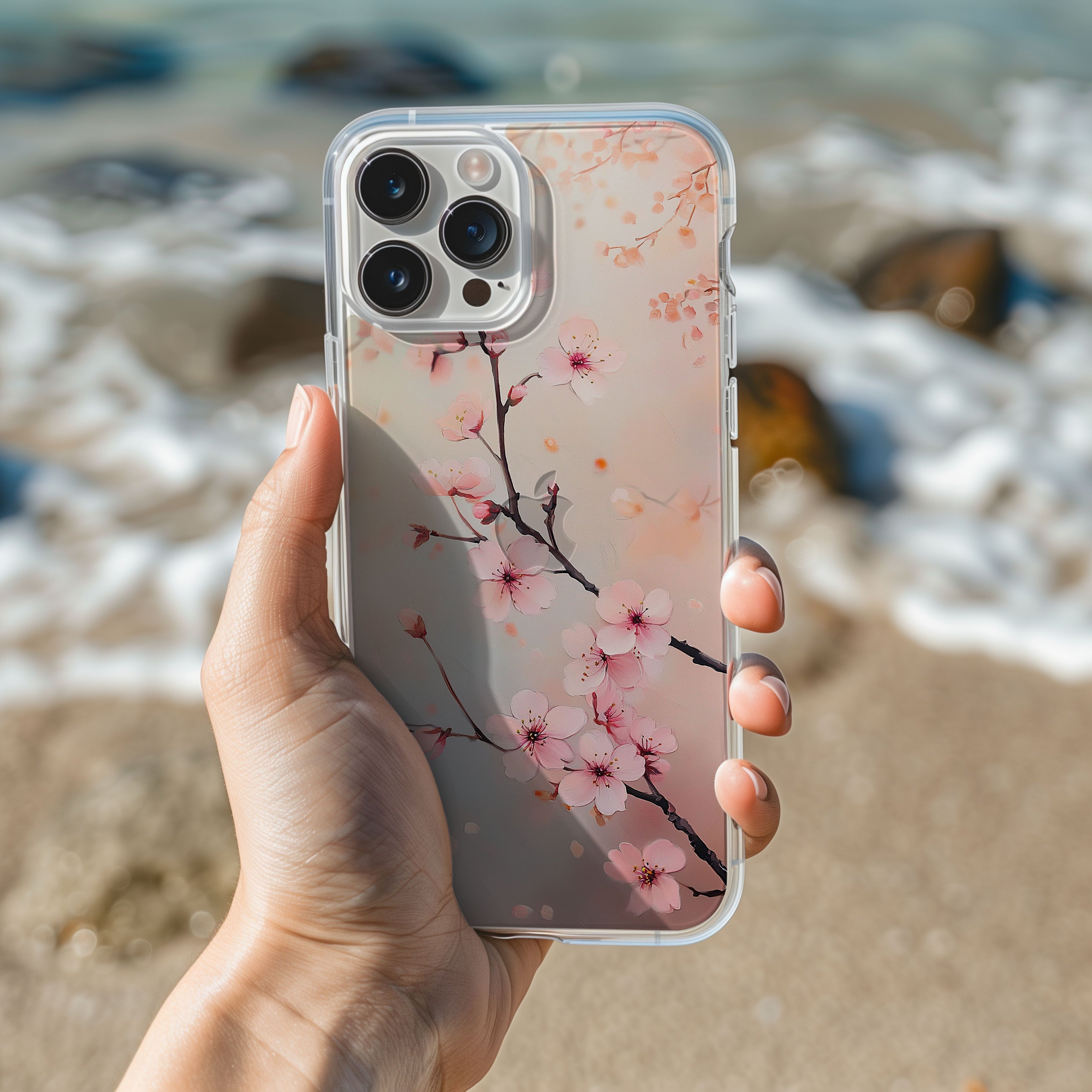 Personalized Pink Cherry Blossom iPhone Case with Custom Name & Botanical Art Cover
