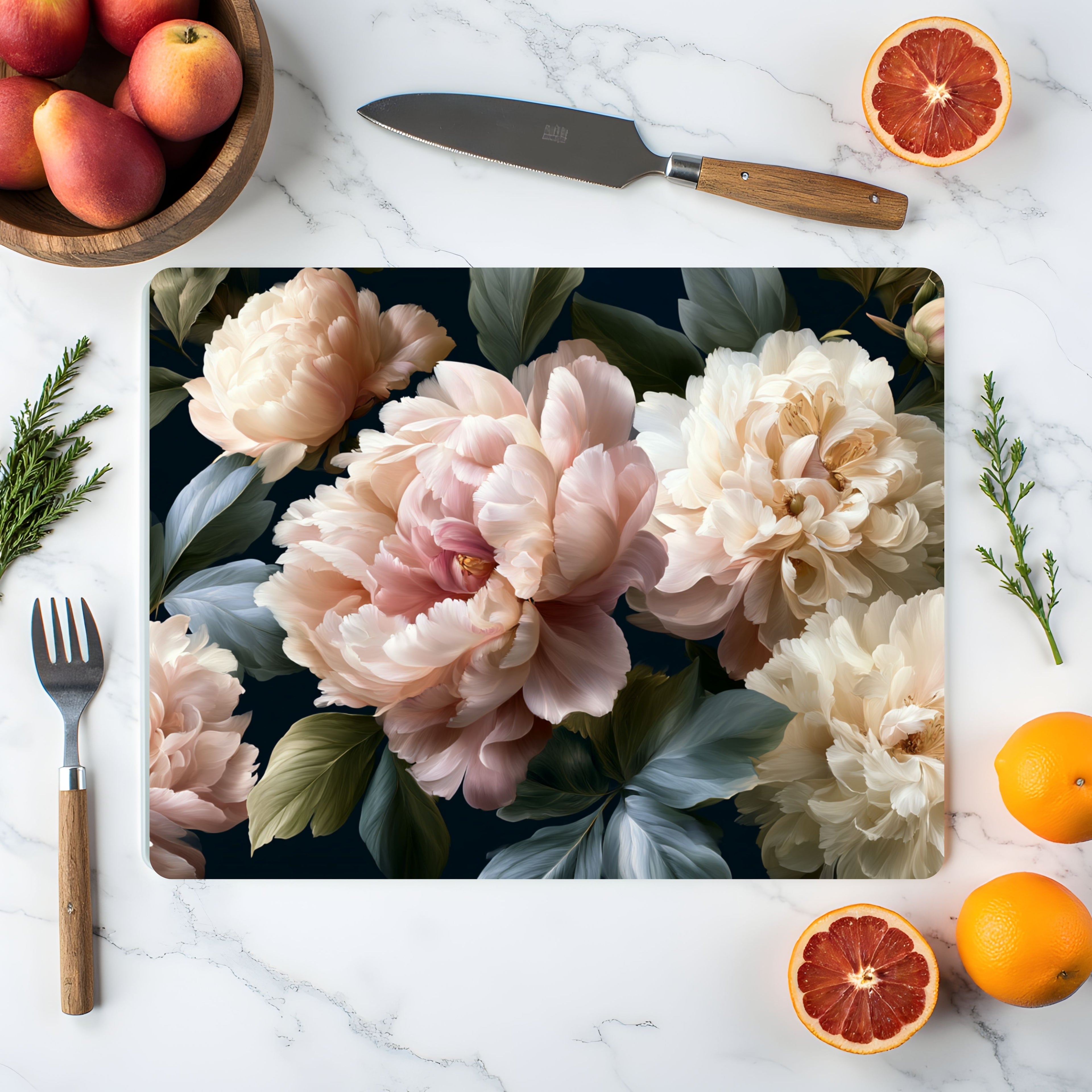 Peony Blossom Glass Cutting Board Personalized for Romantic Kitchen Gatherings
