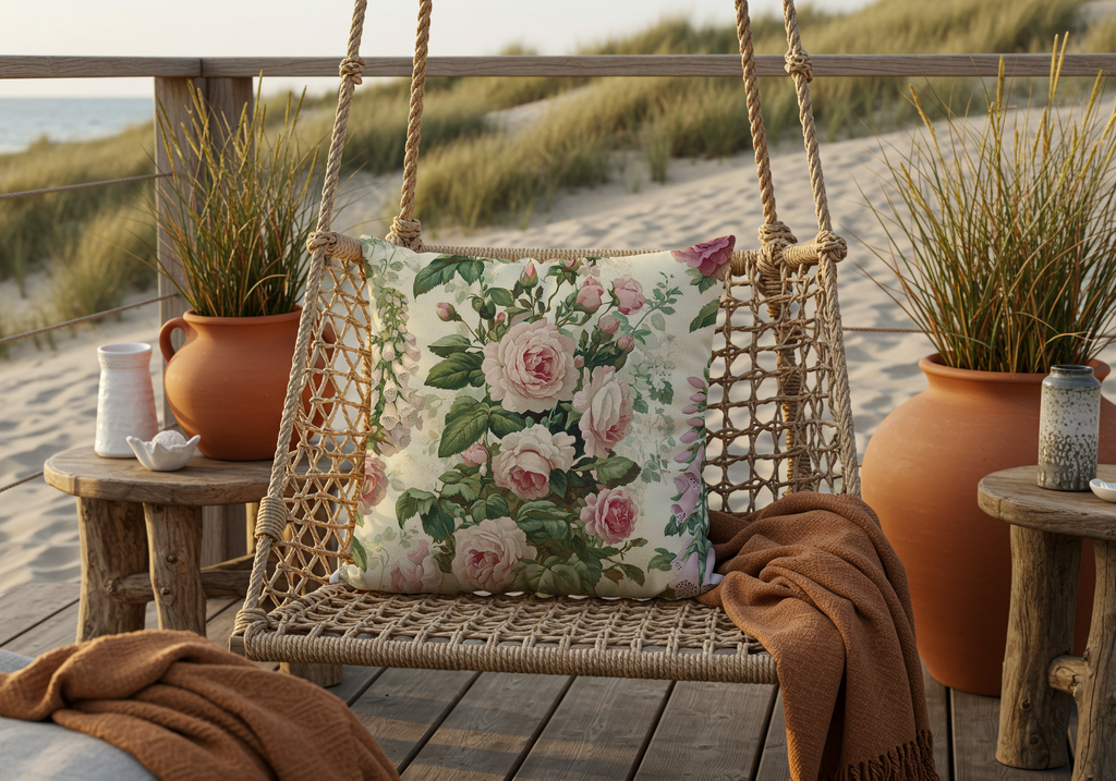 Personalized Blush Rose Garden Pillow with Custom Name