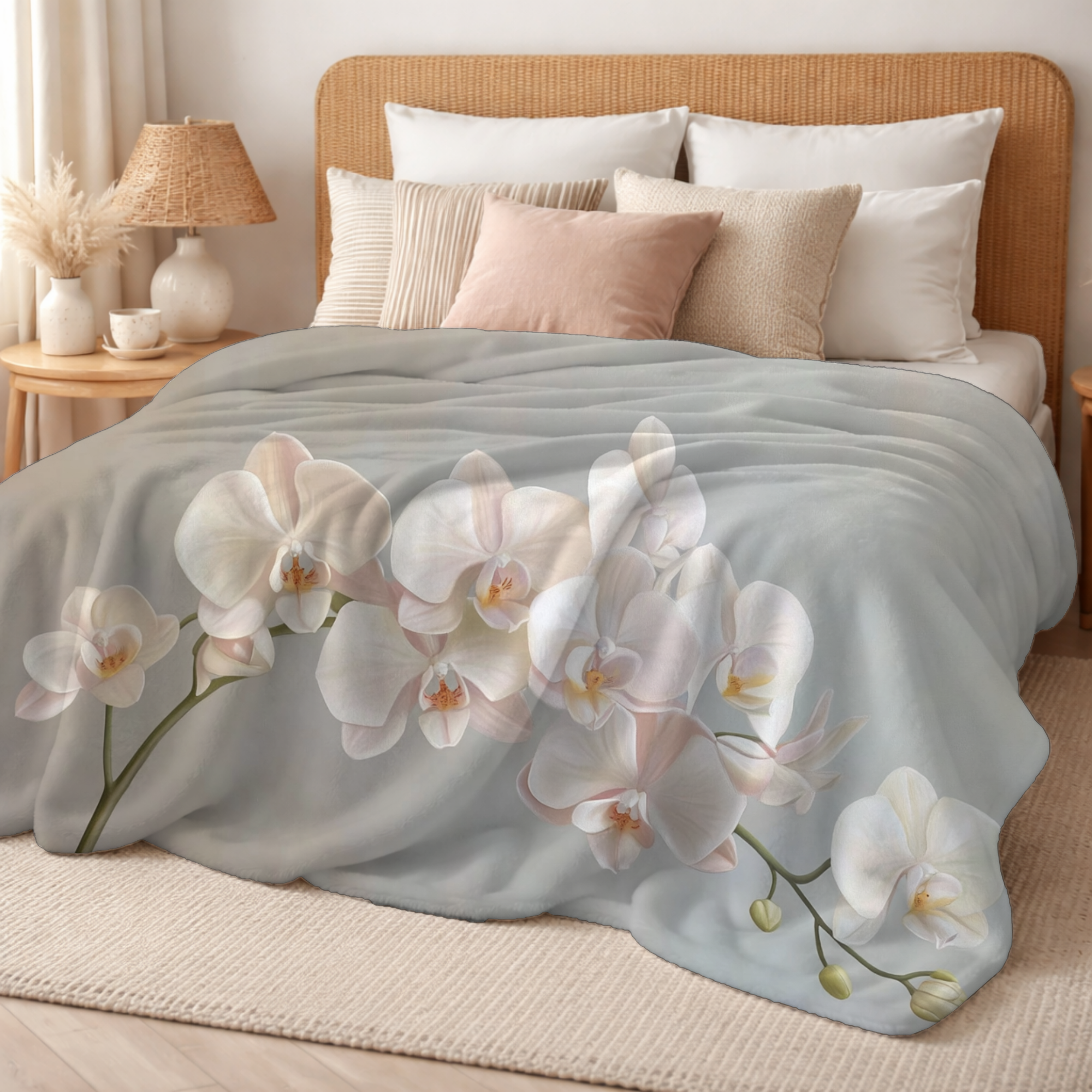Personalized White Orchid Sherpa Blanket with Custom Name Floral Throw Gift