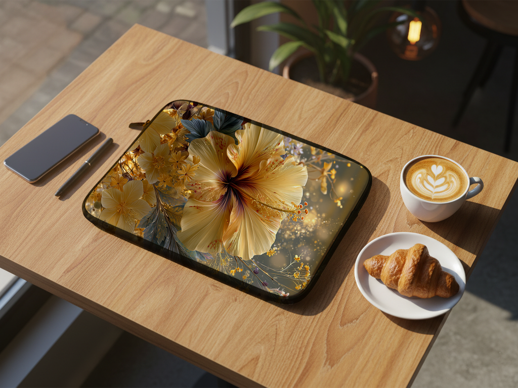 Yellow Hibiscus Laptop Sleeve with Custom Name, Tropical Floral Computer Case
