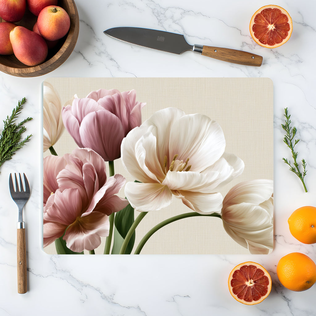 Tulip Bloom Glass Cutting Board Personalized for Fresh Spring Kitchen Style