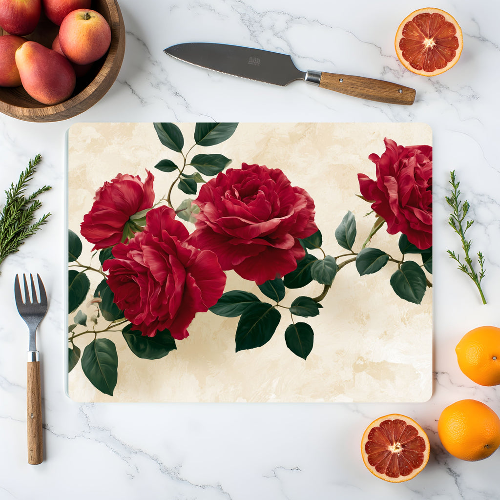 Red Rose Glass Cutting Board Personalized for Romantic Kitchen Elegance