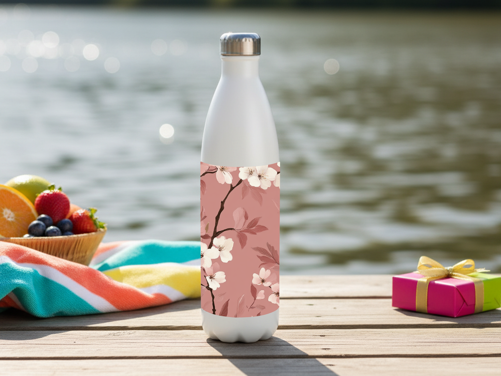 Personalized Cherry Blossom Stainless Steel Water Bottle with Custom Name