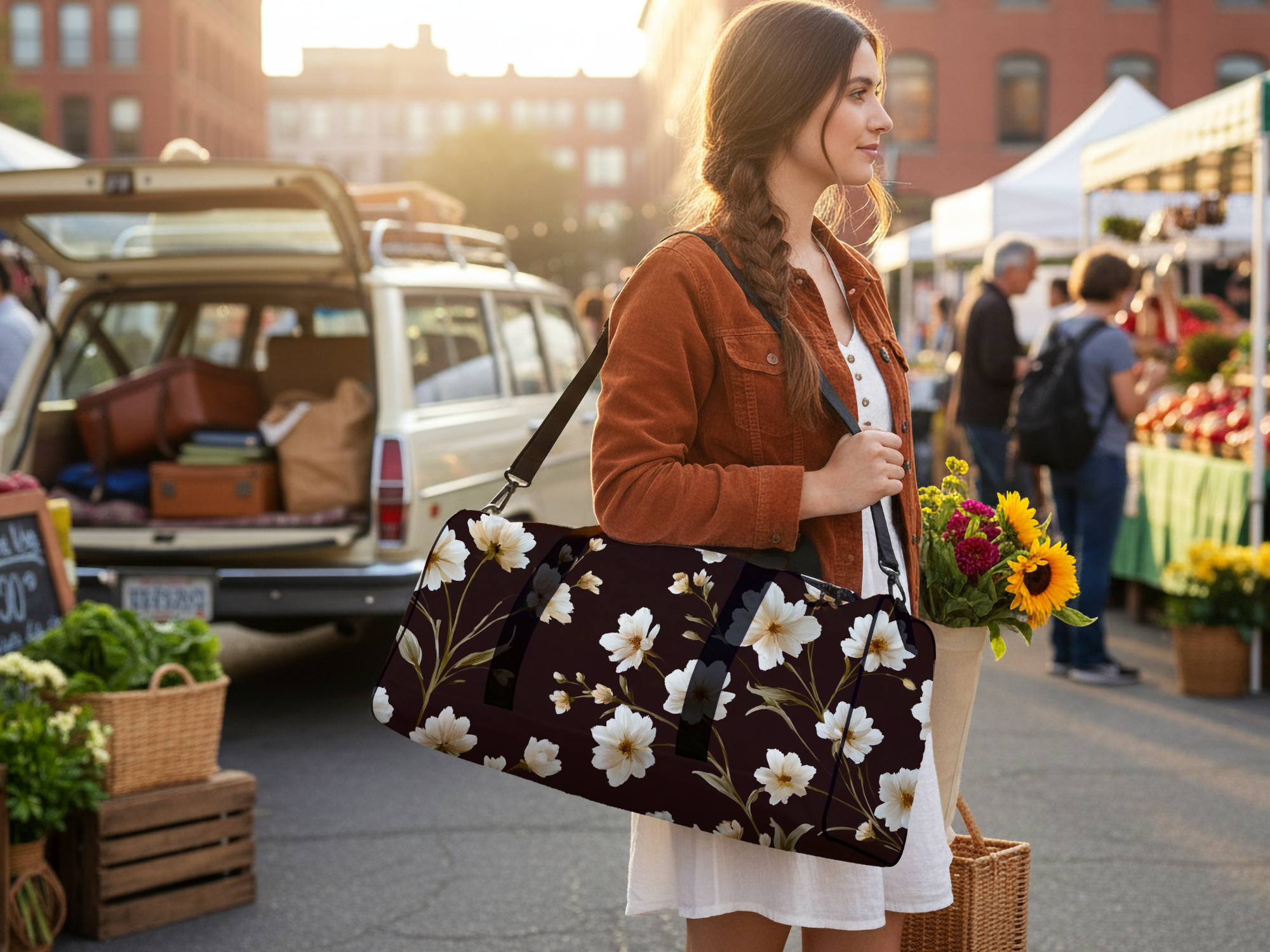 Custom Brown Botanical Travel Duffle Bag with Personalized Name for Fitness & Getaways