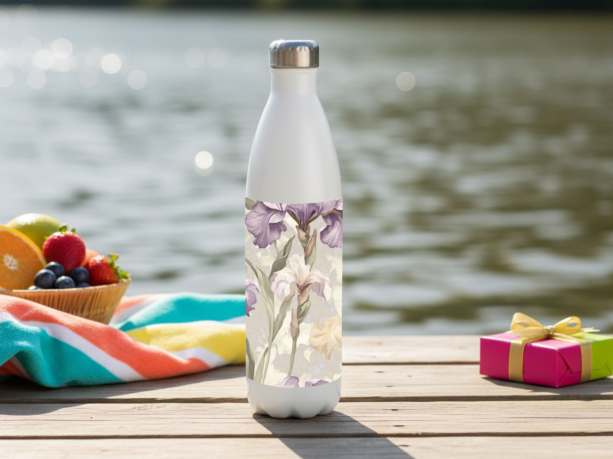 Personalized Iris Stainless Steel Water Bottle with Custom Name Nature Design