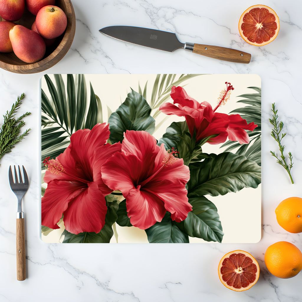 Tropical Hibiscus Glass Cutting Board Personalized for Vibrant Botanical Kitchens