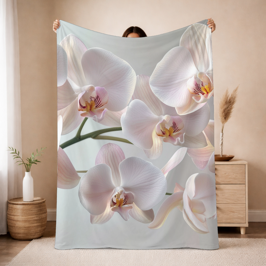 Personalized White Orchid Sherpa Blanket with Custom Name
