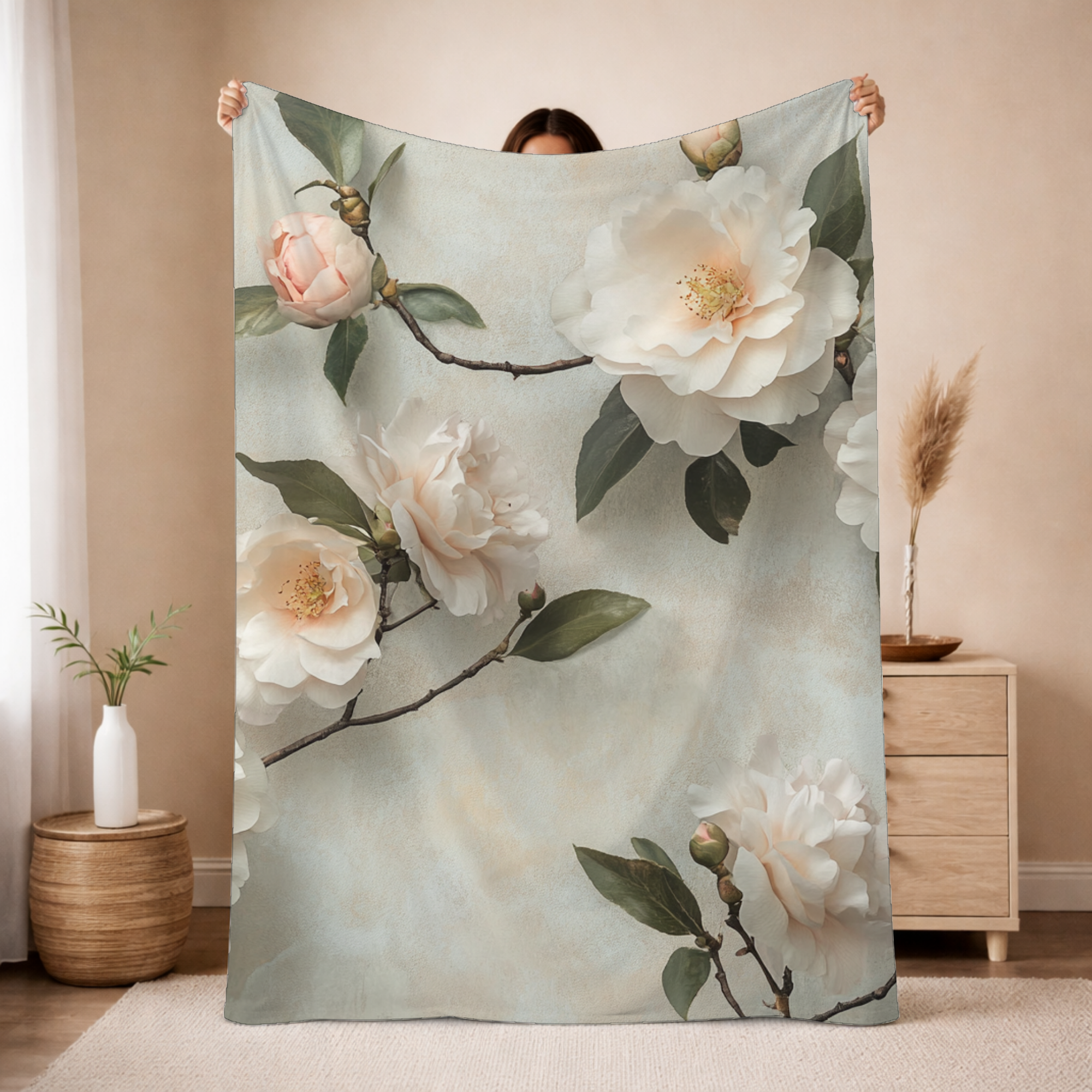 Personalized Camellia Sherpa Blanket with Custom Name