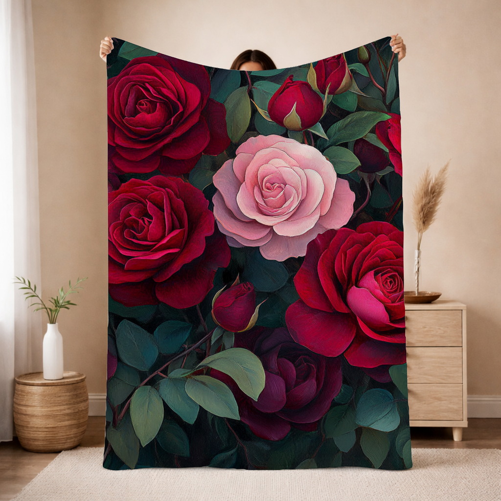 Personalized Rose Bouquet Sherpa Blanket with Custom Name