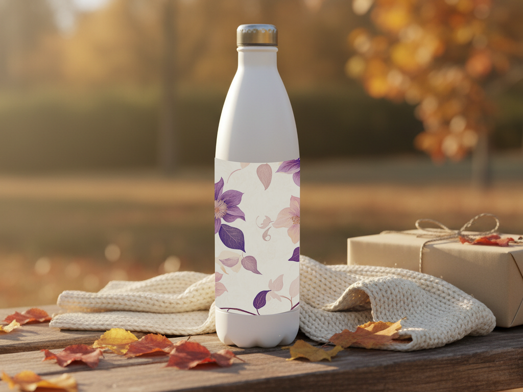 Personalized Clematis Water Bottle with Custom Name Floral Vine Artwork