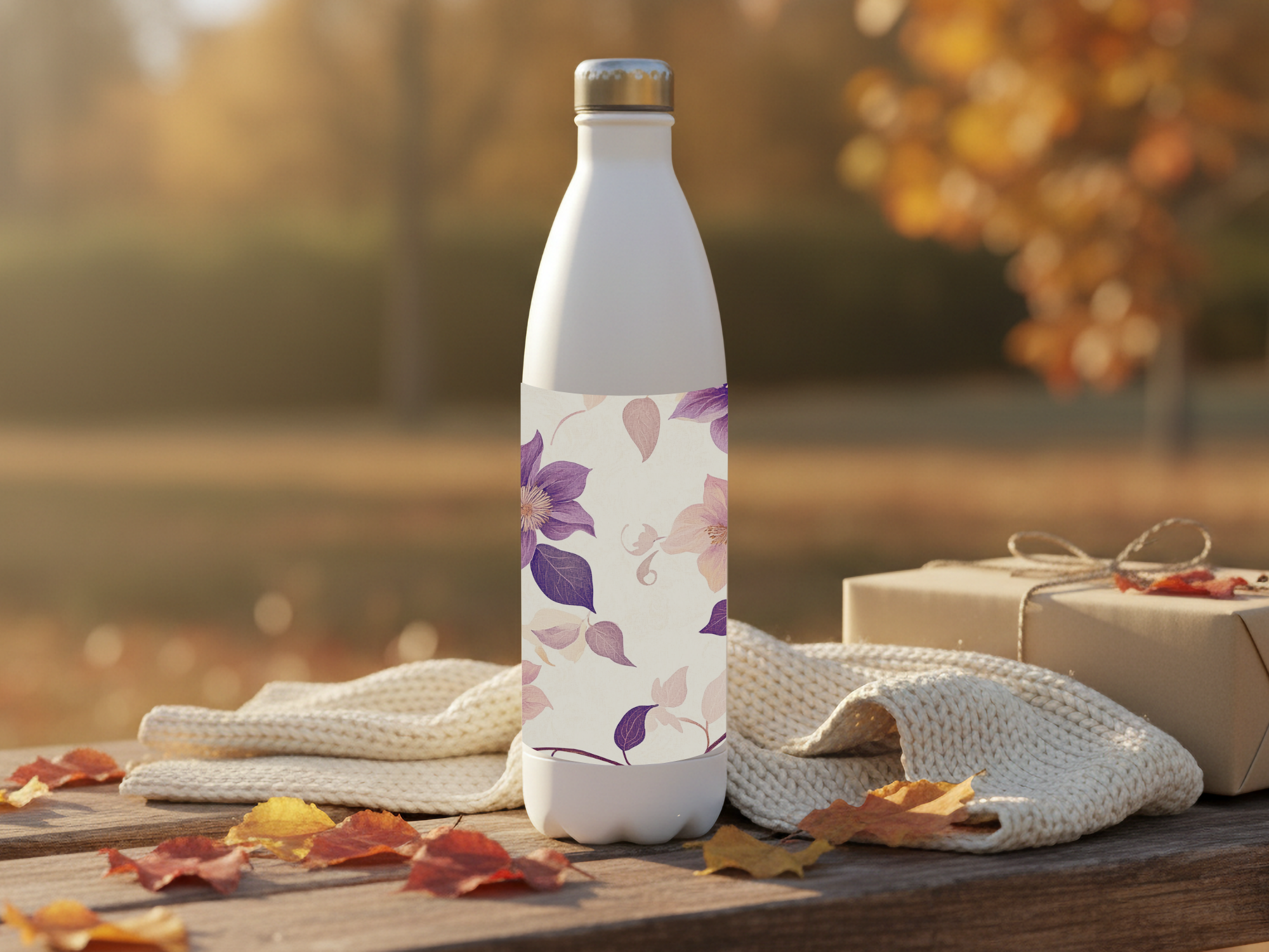 Personalized Clematis Water Bottle with Custom Name Floral Vine Artwork