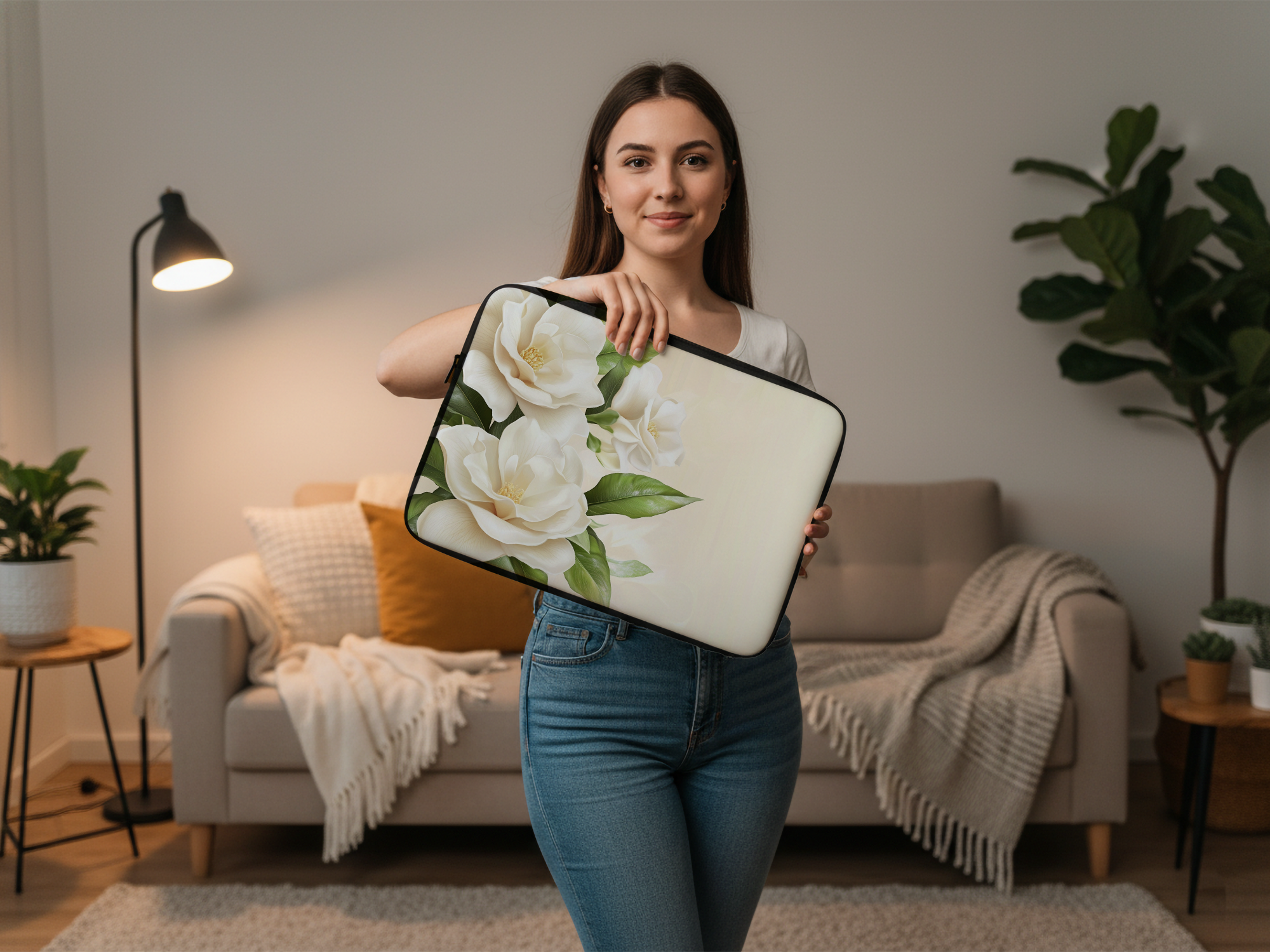 White Magnolia Bloom Laptop Case with Personalized Name