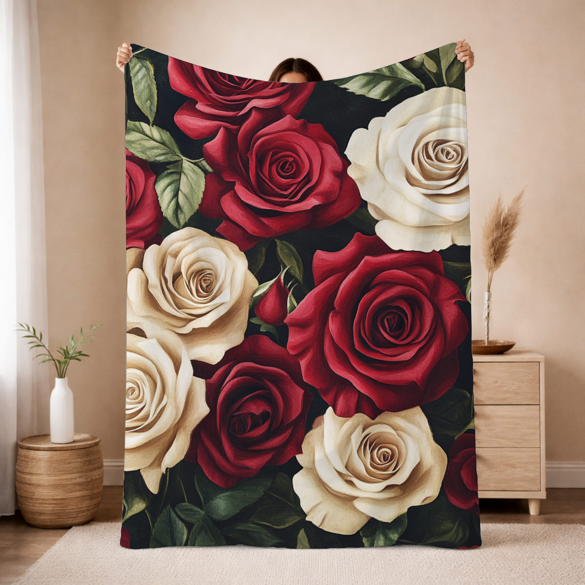 Personalized Rose Bloom Sherpa Blanket with Custom Name