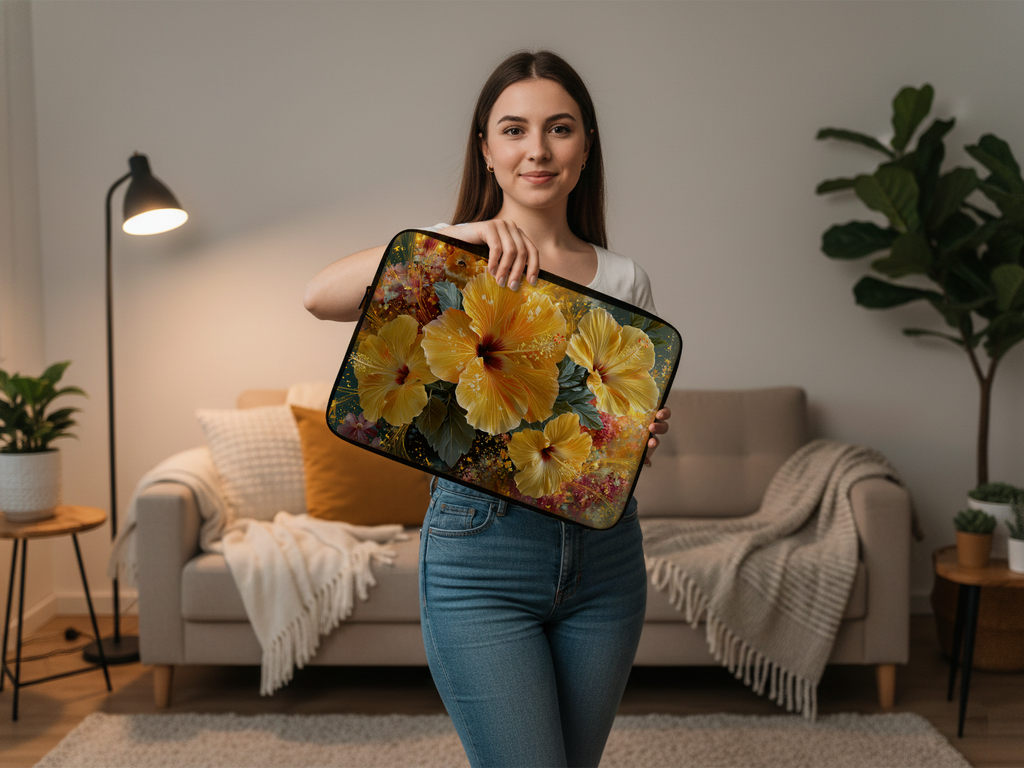 Hibiscus Botanical Laptop Sleeve Custom Printed with Name for Everyday Travel