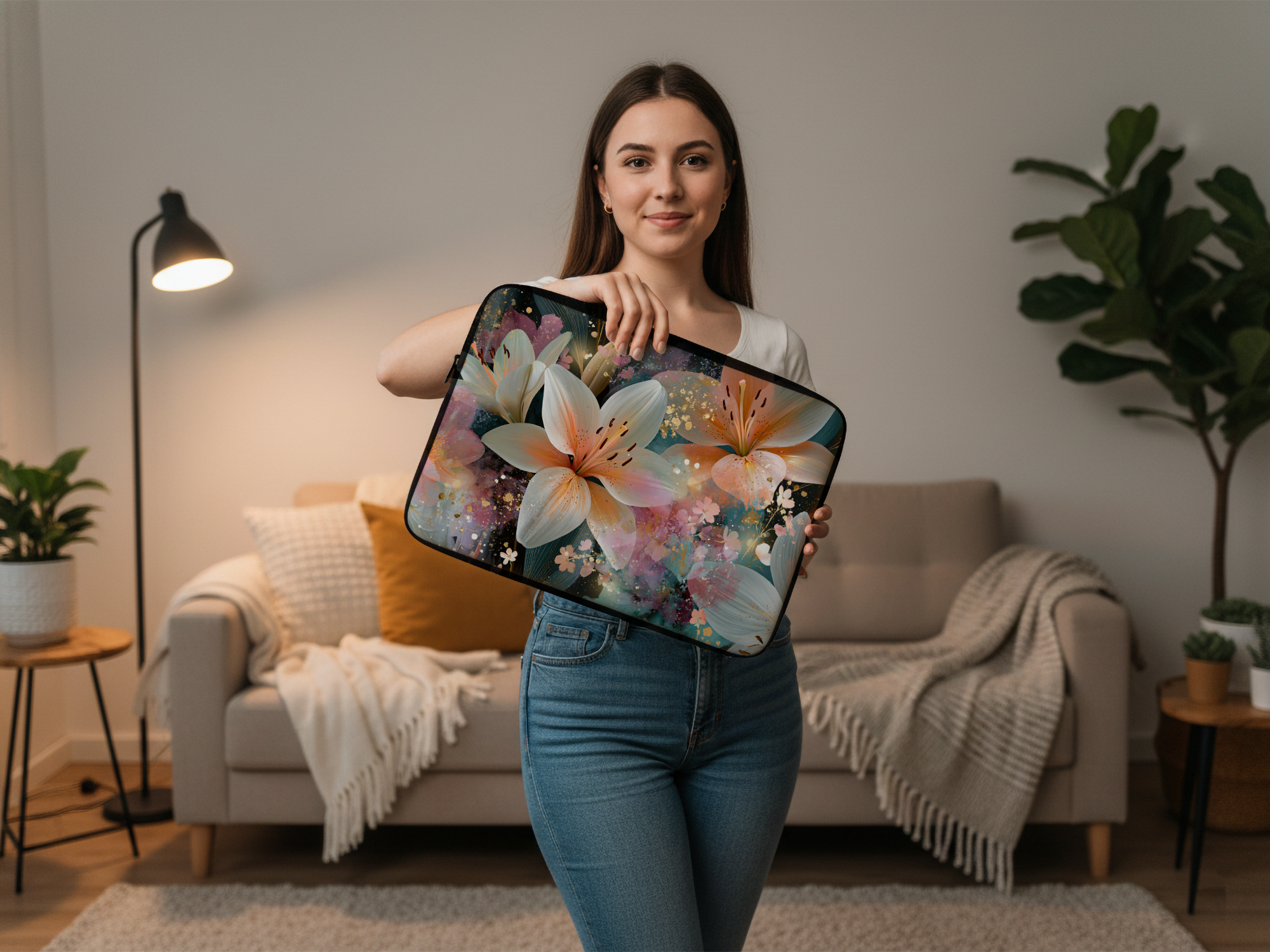 Custom Asiatic Lily Laptop Sleeve with Personalized Name Botanical Tech Cover