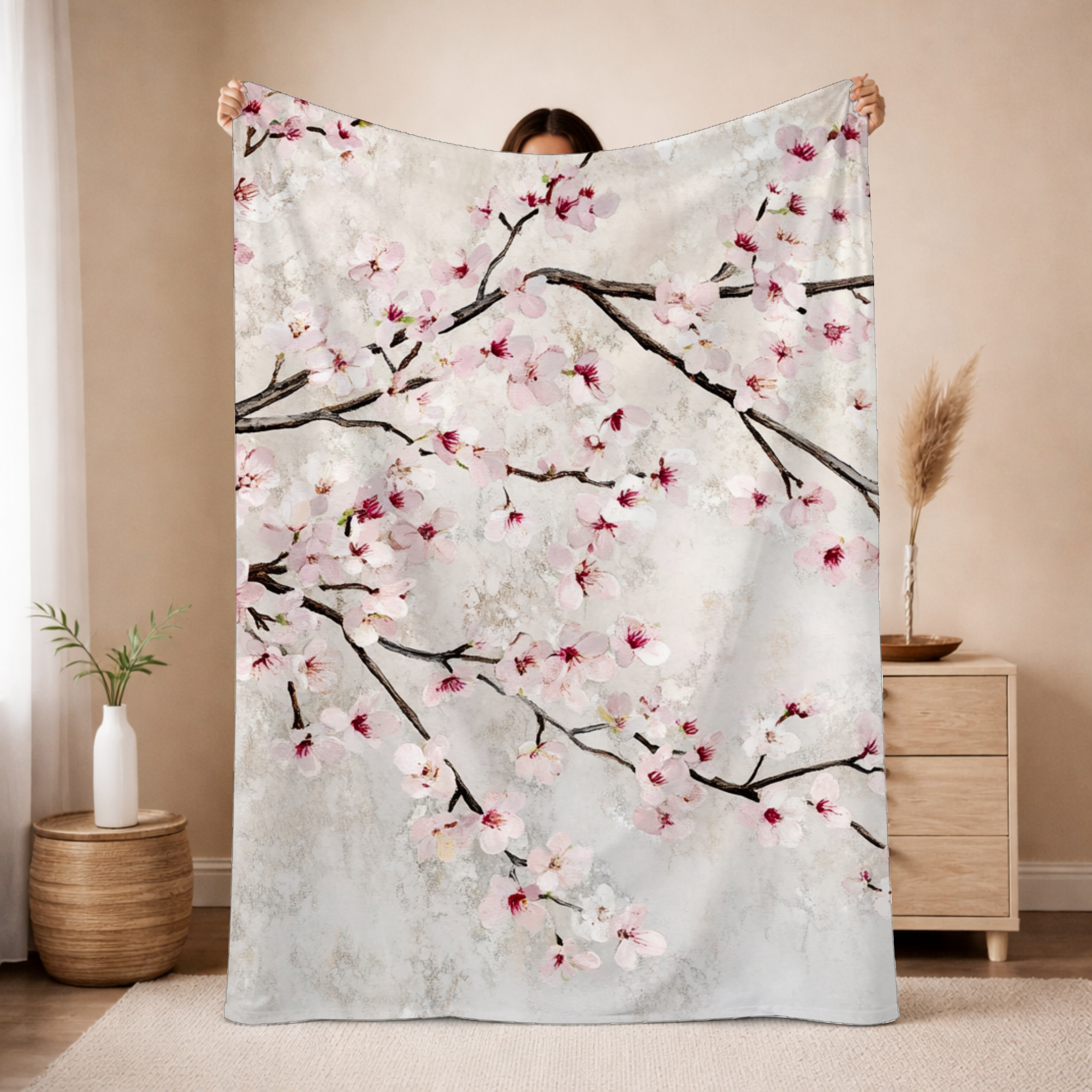 Personalized Cherry Blossom Sherpa Blanket with Custom Name
