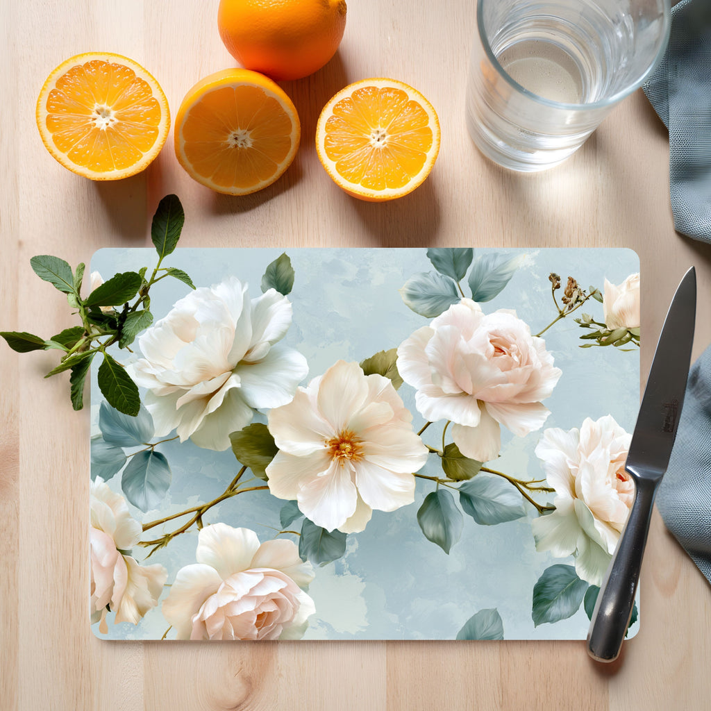 Personalized Camellia Glass Cutting Board with Custom Name Floral Kitchen Decor