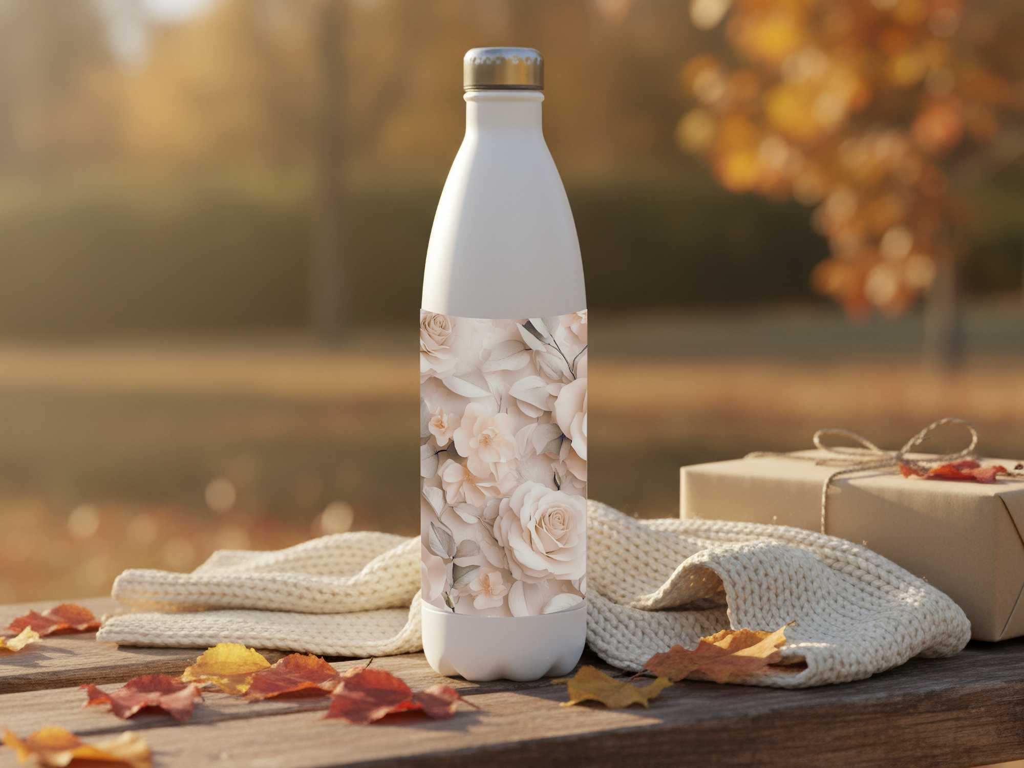 Cream Rose Petal Retreat Water Bottle with Personalized Name