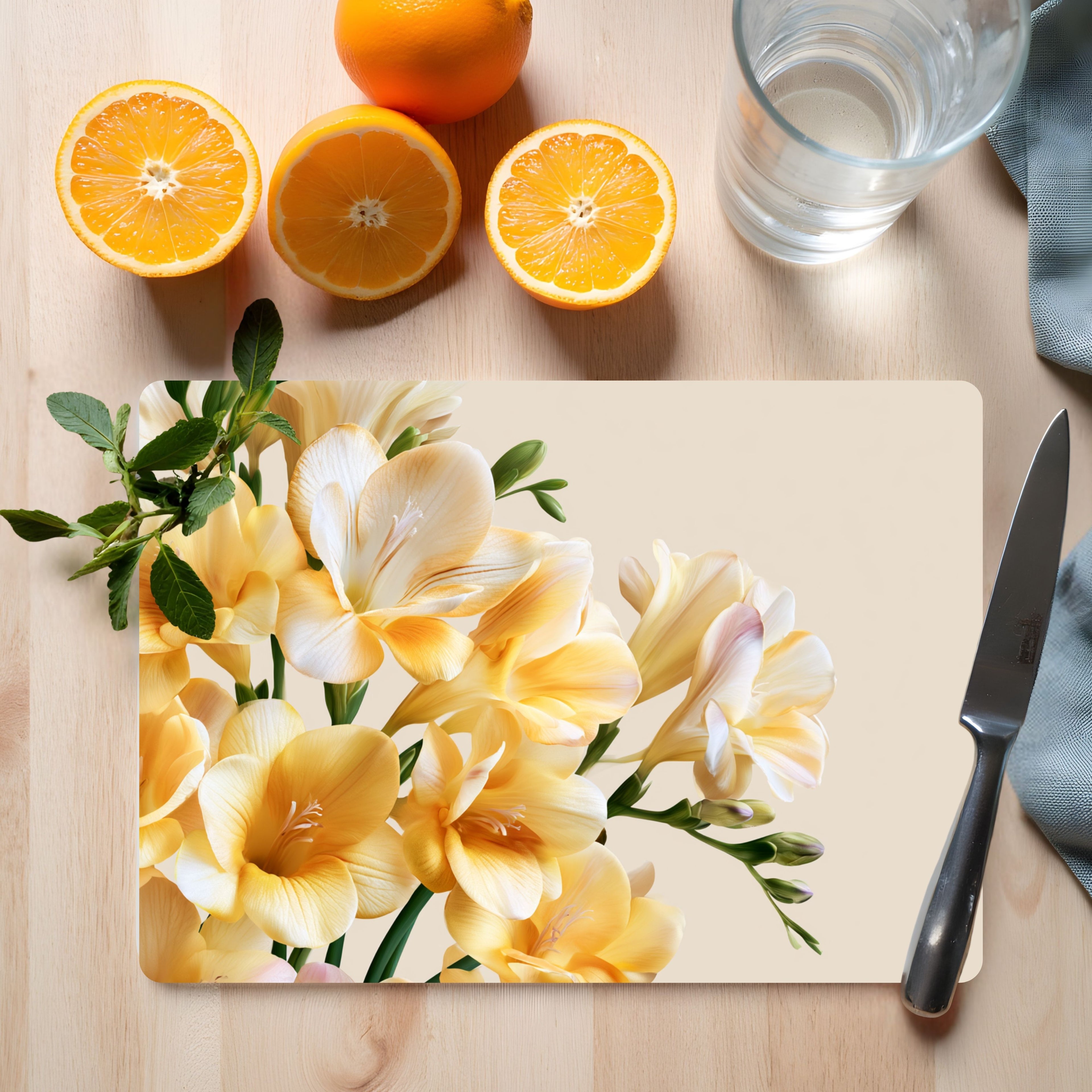 Personalized Freesia Glass Cutting Board with Custom Name Botanical Kitchen Decor