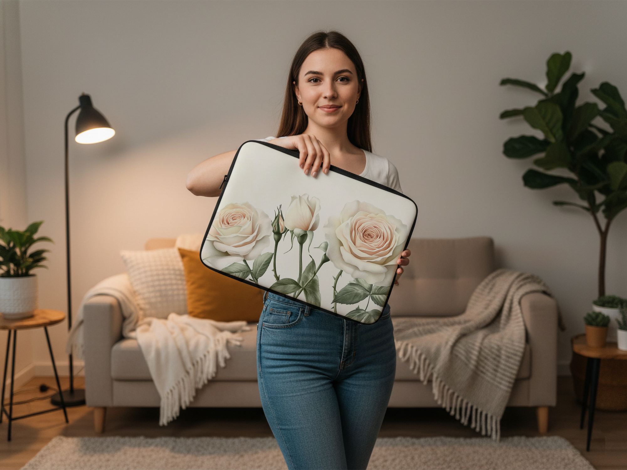 Blush Rose Laptop Portfolio Personalized with Name Romantic Botanical Sleeve