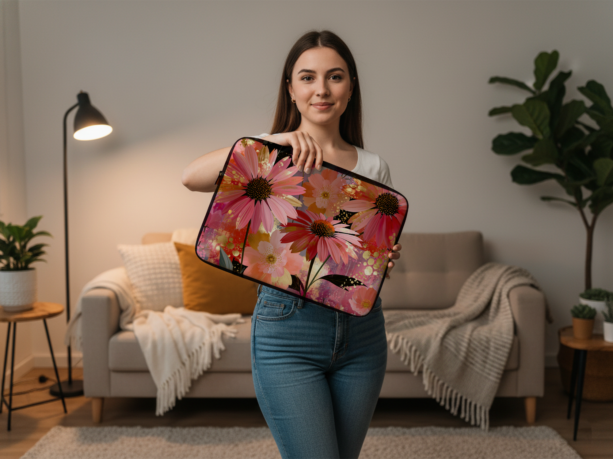 Echinacea Bloom Laptop Sleeve with Personalized Name Botanical Travel Cover