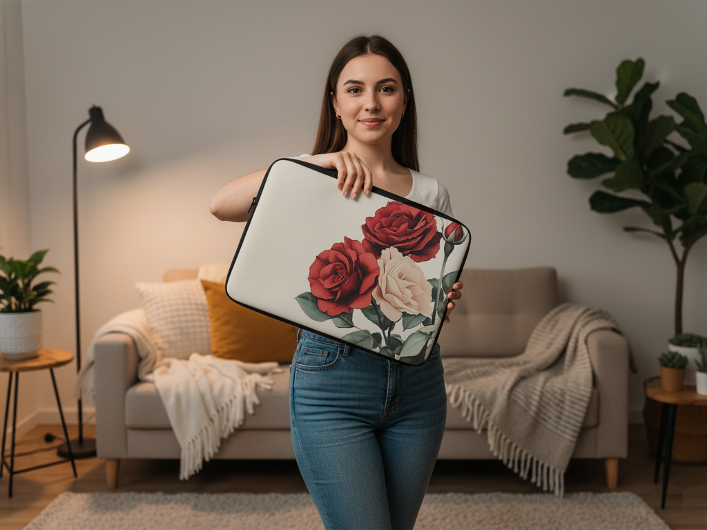 Rose Art Laptop Sleeve with Custom Name Personalized Botanical Tech Cover