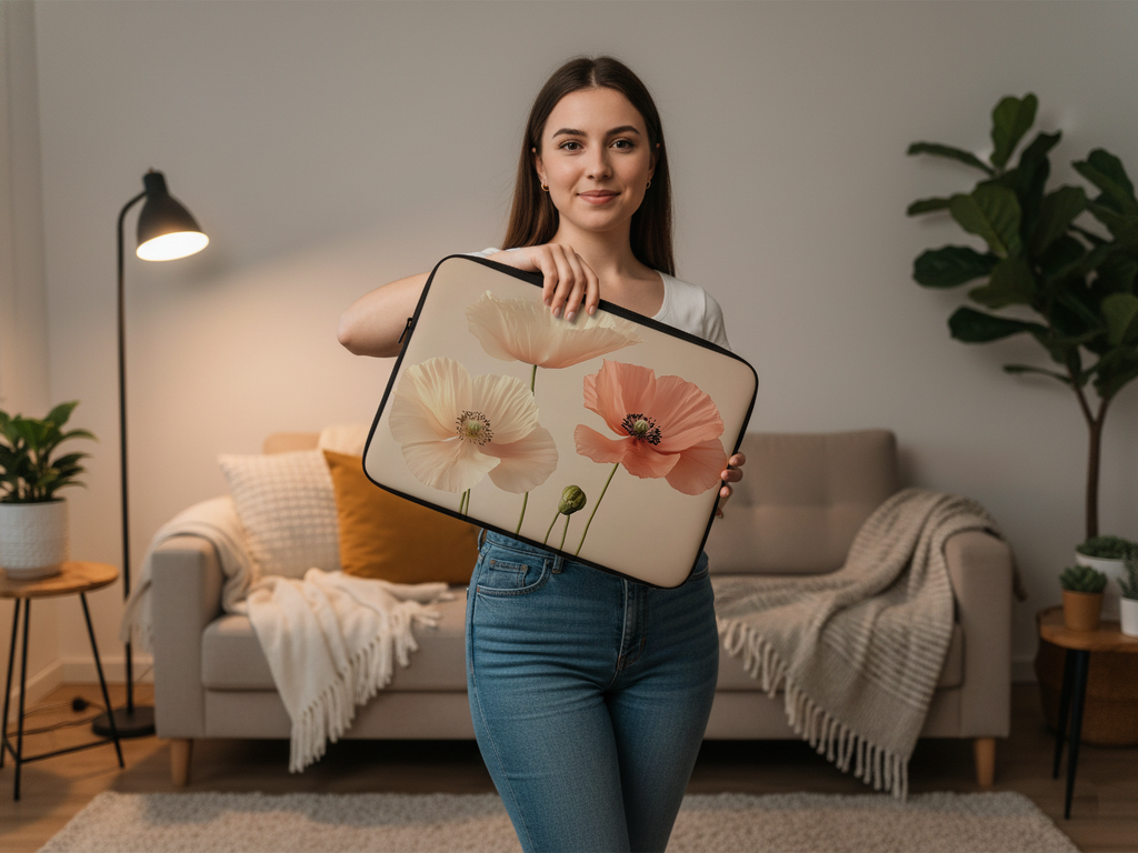 Poppy Bloom Laptop Protector Customized with Name Botanical Travel Sleeve