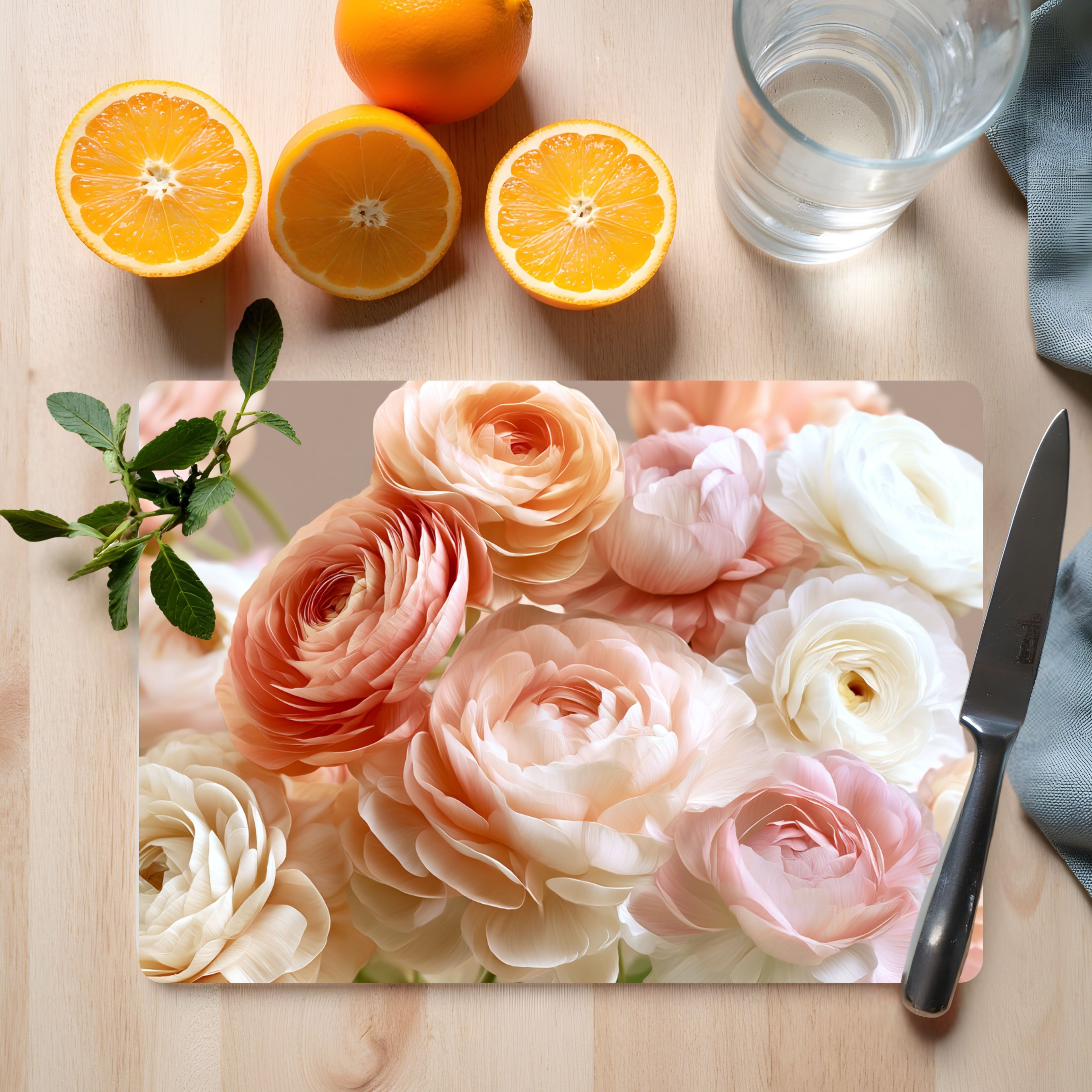 Ranunculus Bloom Glass Cutting Board Personalized for Charming Kitchen Entertaining