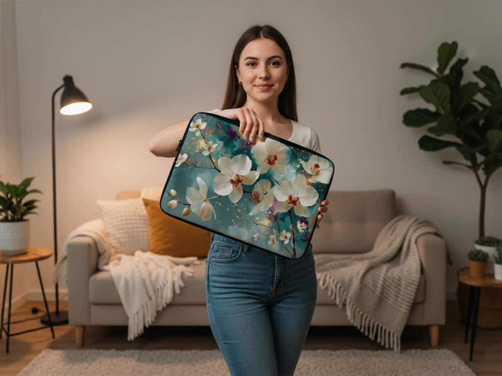 Custom Botanical Laptop Sleeve with Personalized Name Floral Tech Gift Bag