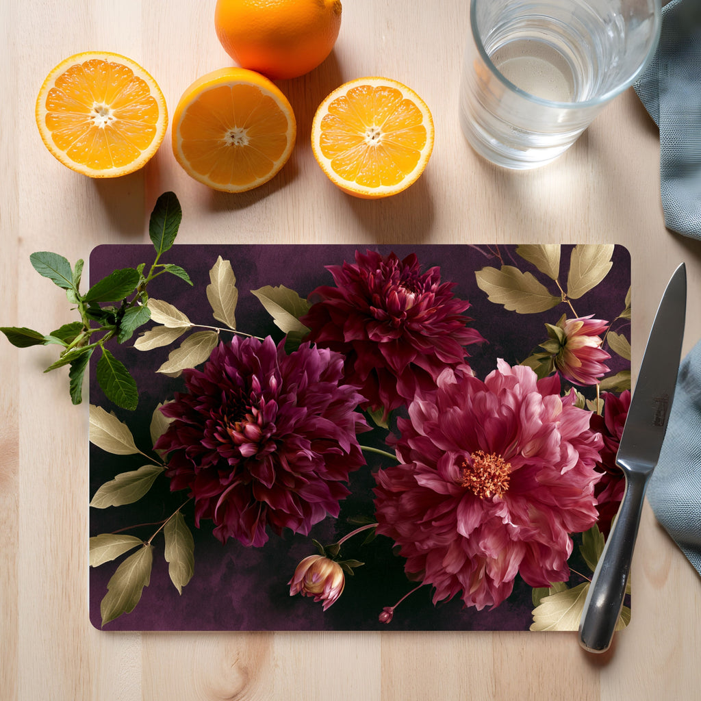 Dark Burgundy Dahlia Glass Cutting Board Personalized for Luxury Kitchen Décor