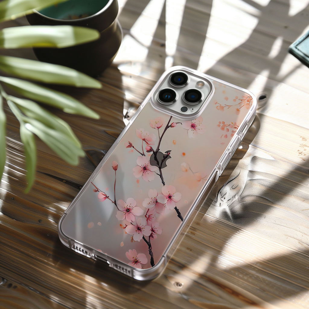 Personalized Pink Cherry Blossom iPhone Case with Custom Name & Botanical Art Cover