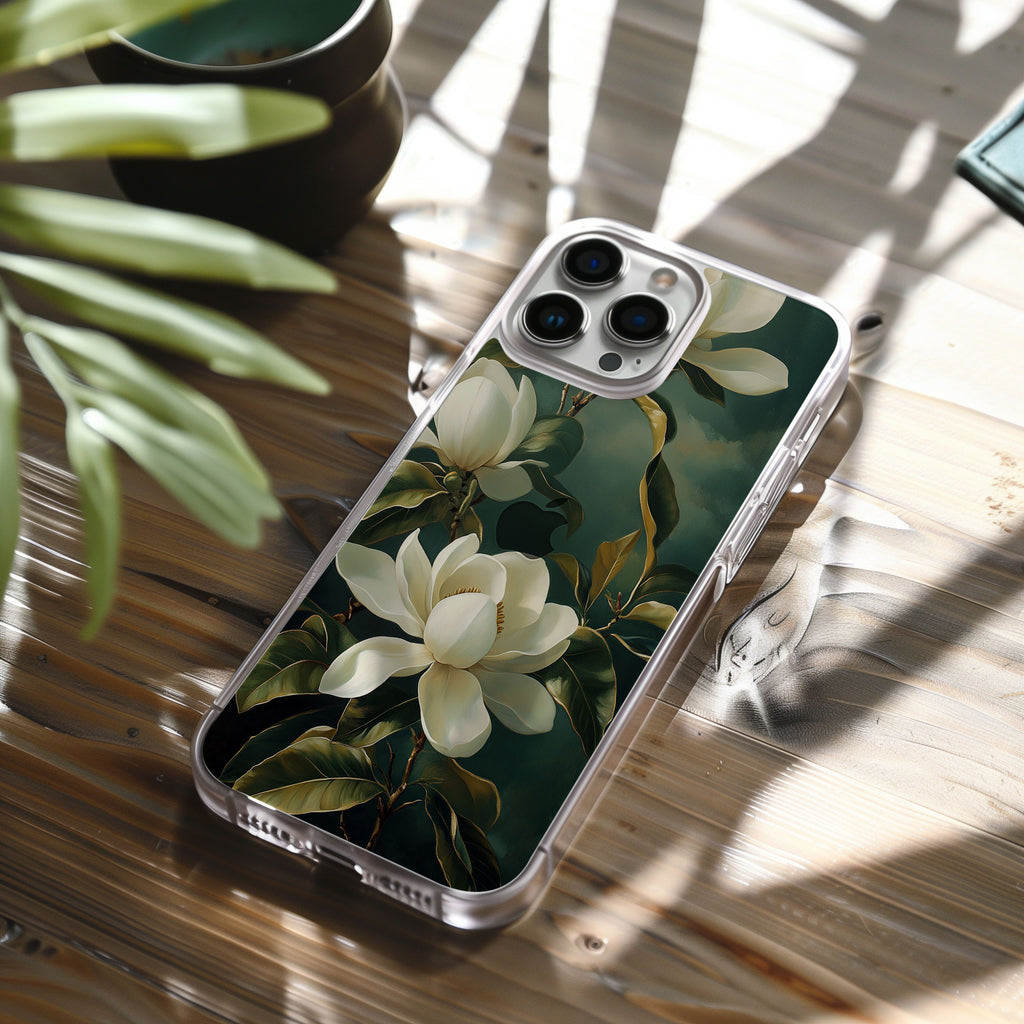 Personalized Magnolia iPhone Case with Custom Name & Botanical Elegance