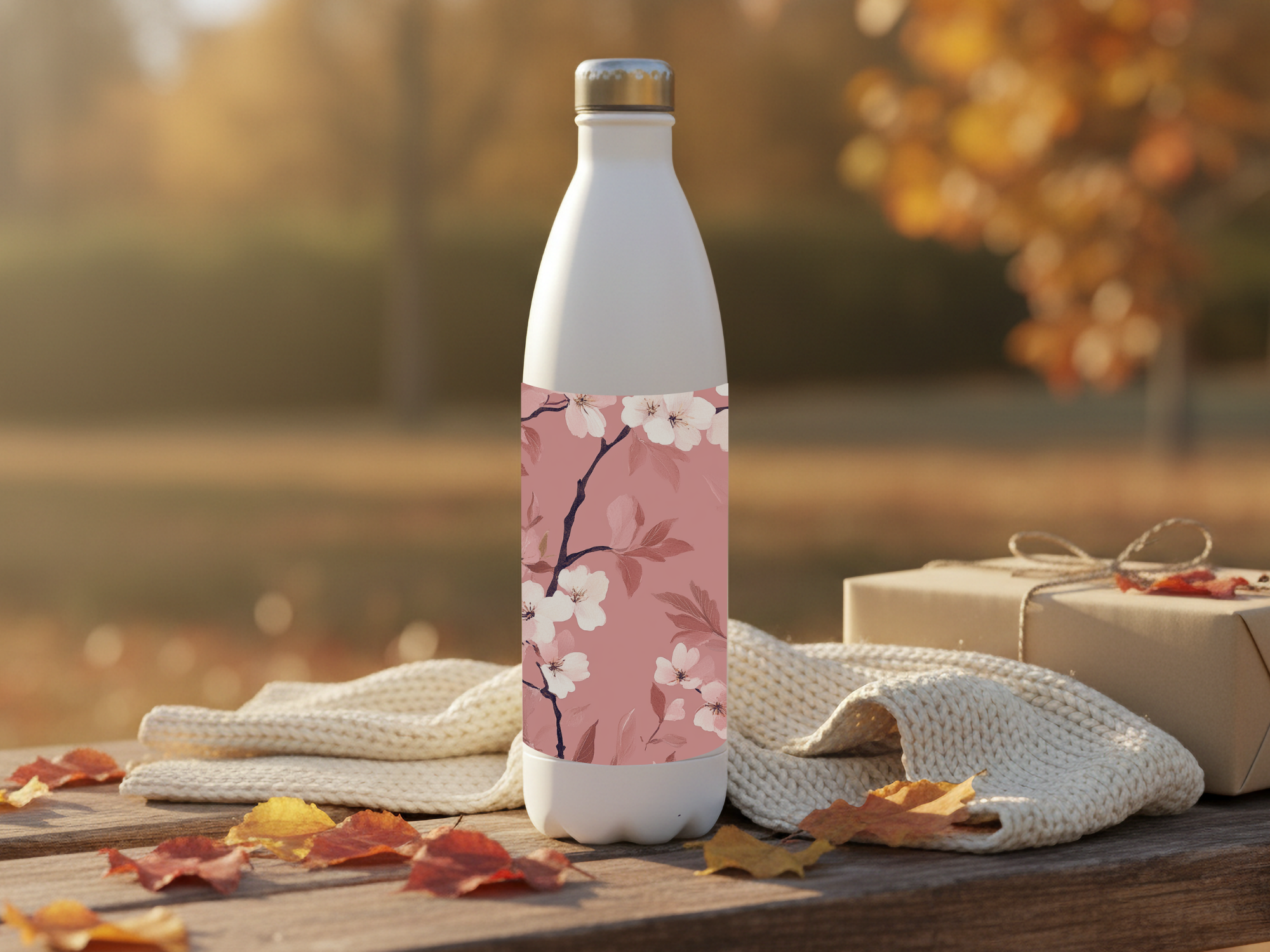 Personalized Cherry Blossom Stainless Steel Water Bottle with Custom Name