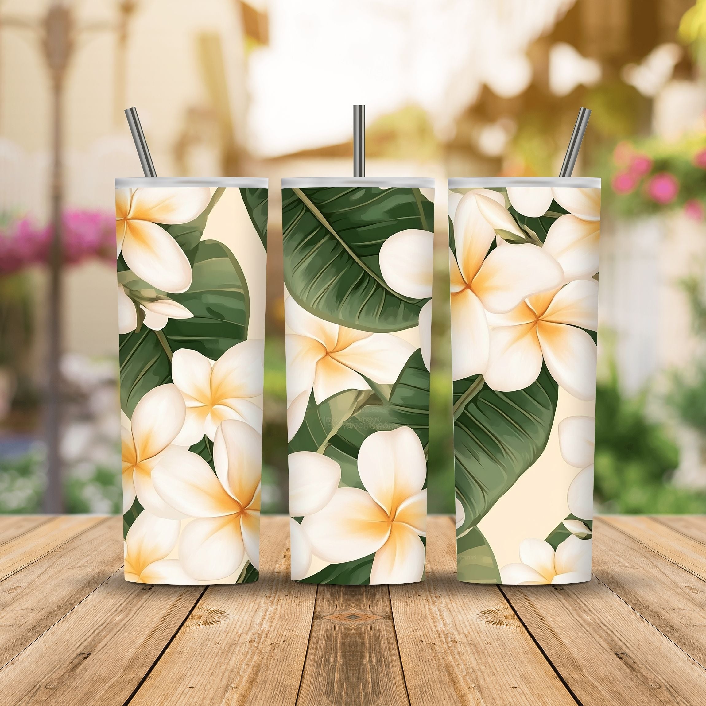 Personalized White Plumeria Tumbler with Custom Name Tropical Travel Cup Gift