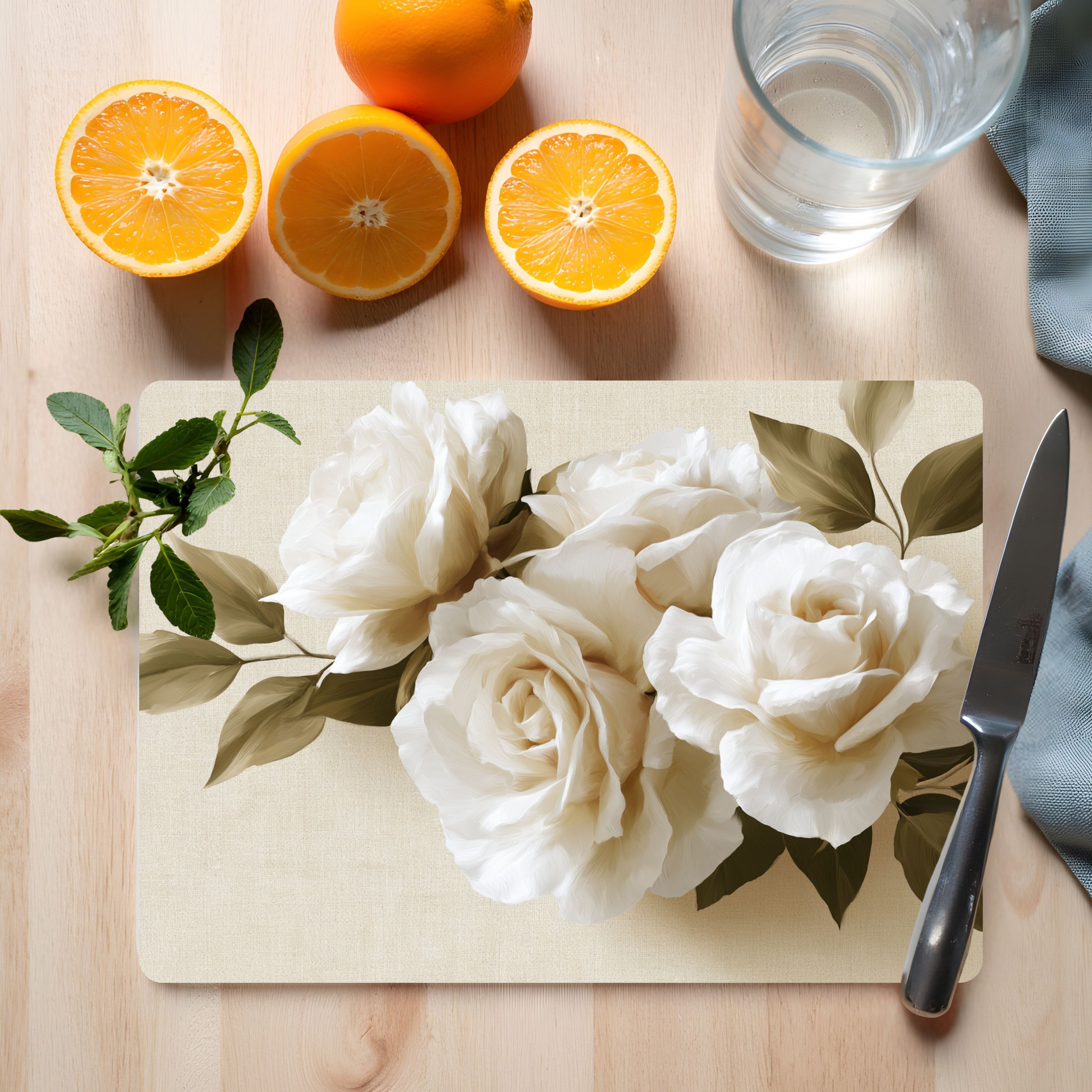 Cream Rose Glass Cutting Board Personalized for Timeless Cottage Kitchen Style
