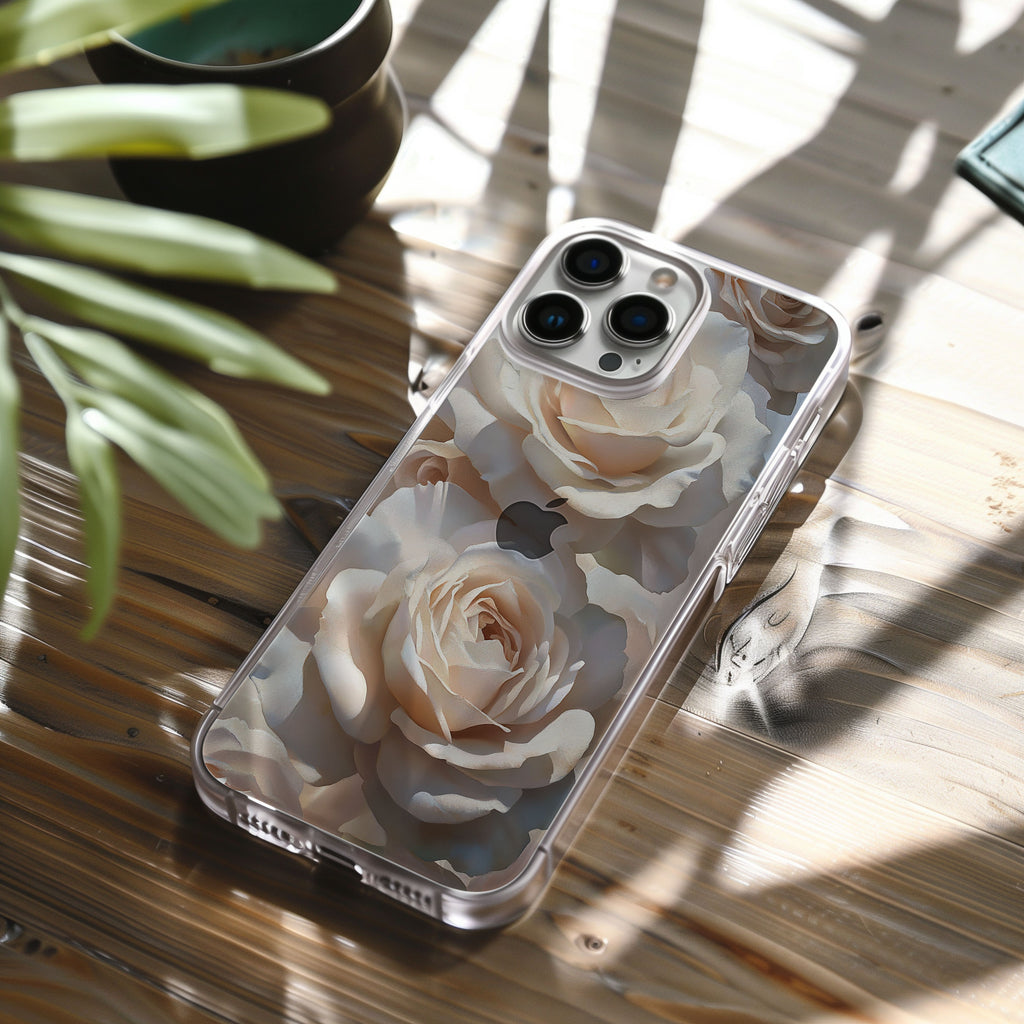 Personalized White Rose iPhone Case with Custom Name & Botanical Art Cover