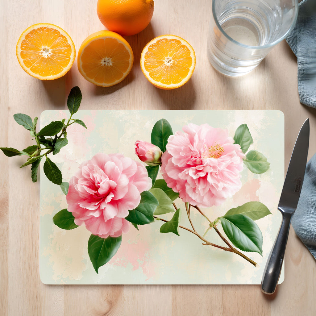 Camellia Blossom Glass Cutting Board Personalized for Timeless Kitchen Elegance