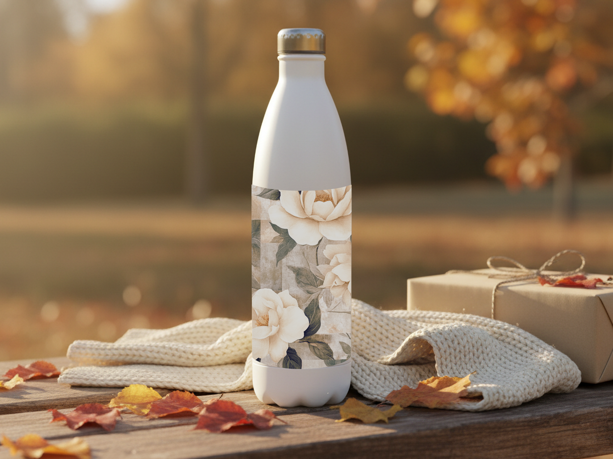 Personalized Camellia Water Bottle with Custom Name Floral Artwork