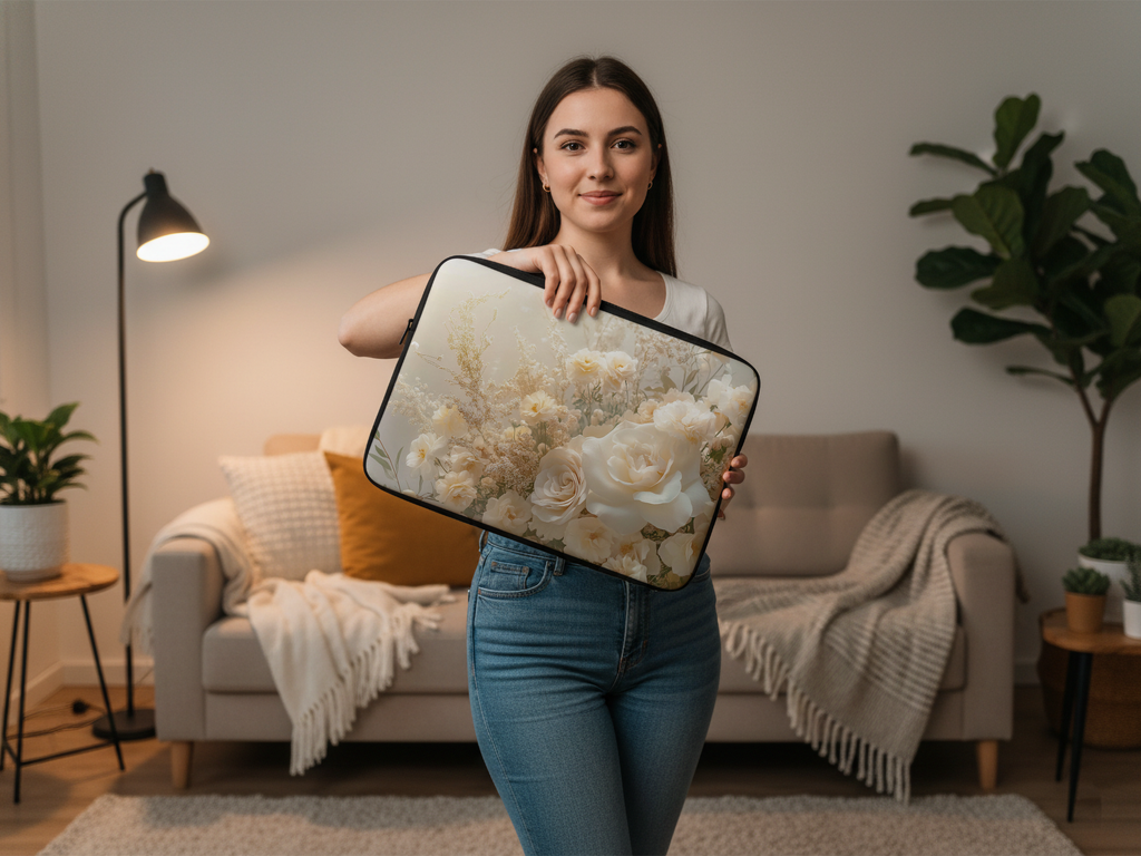 Cream Rose Computer Carry Case with Personalized Name Floral Tech Sleeve