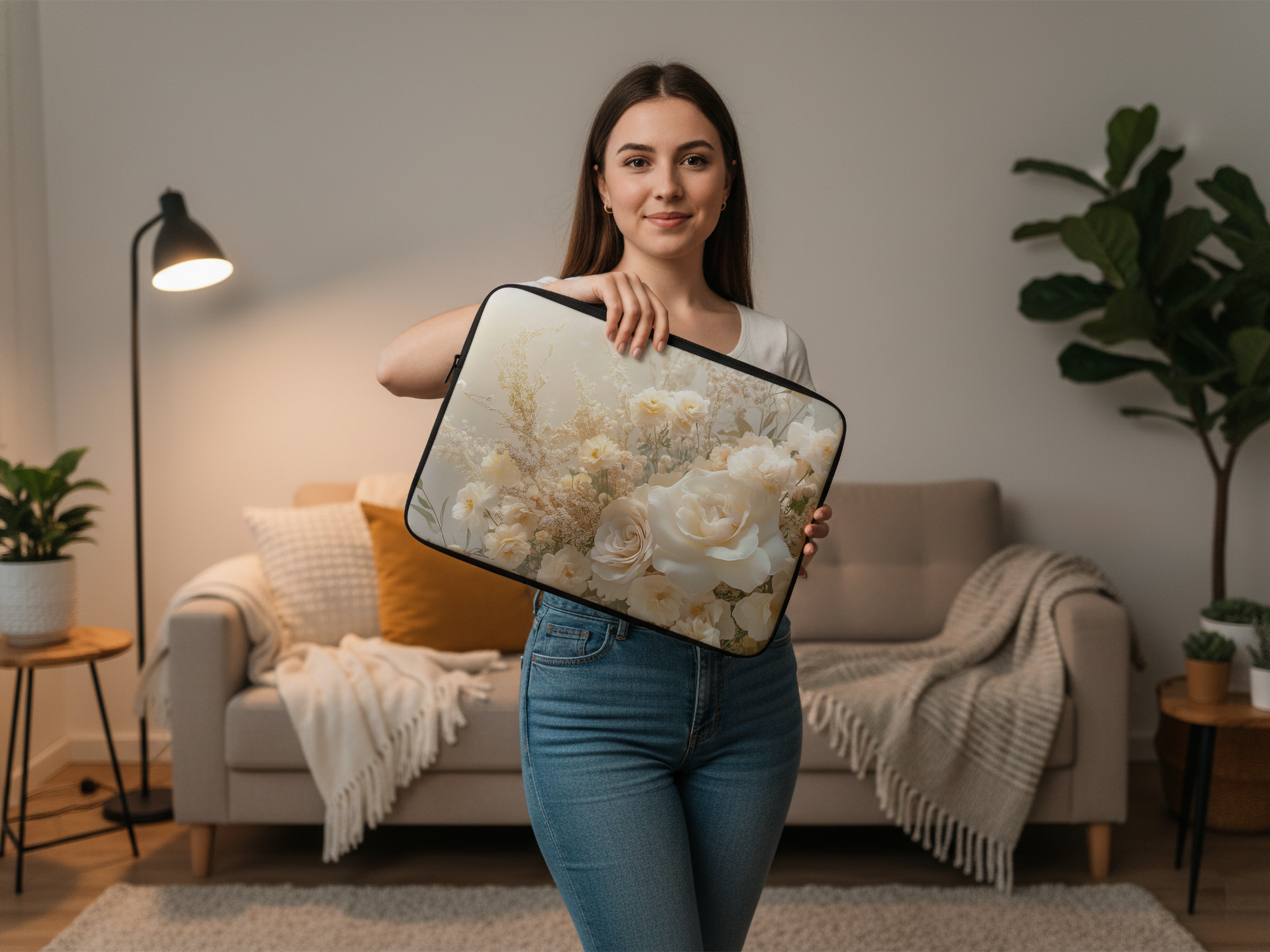 Cream Rose Computer Carry Case with Personalized Name Floral Tech Sleeve