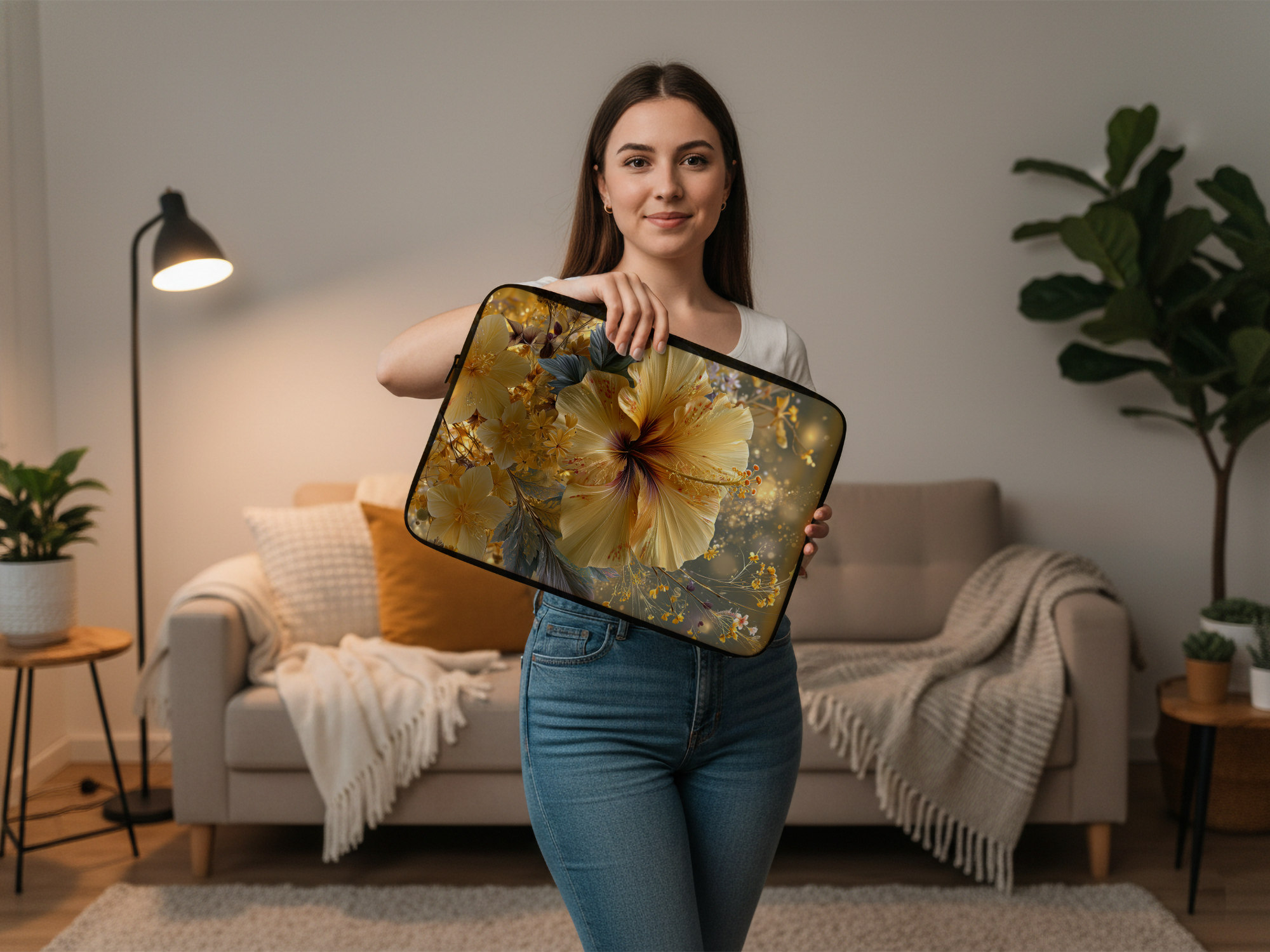 Yellow Hibiscus Laptop Sleeve with Custom Name, Tropical Floral Computer Case