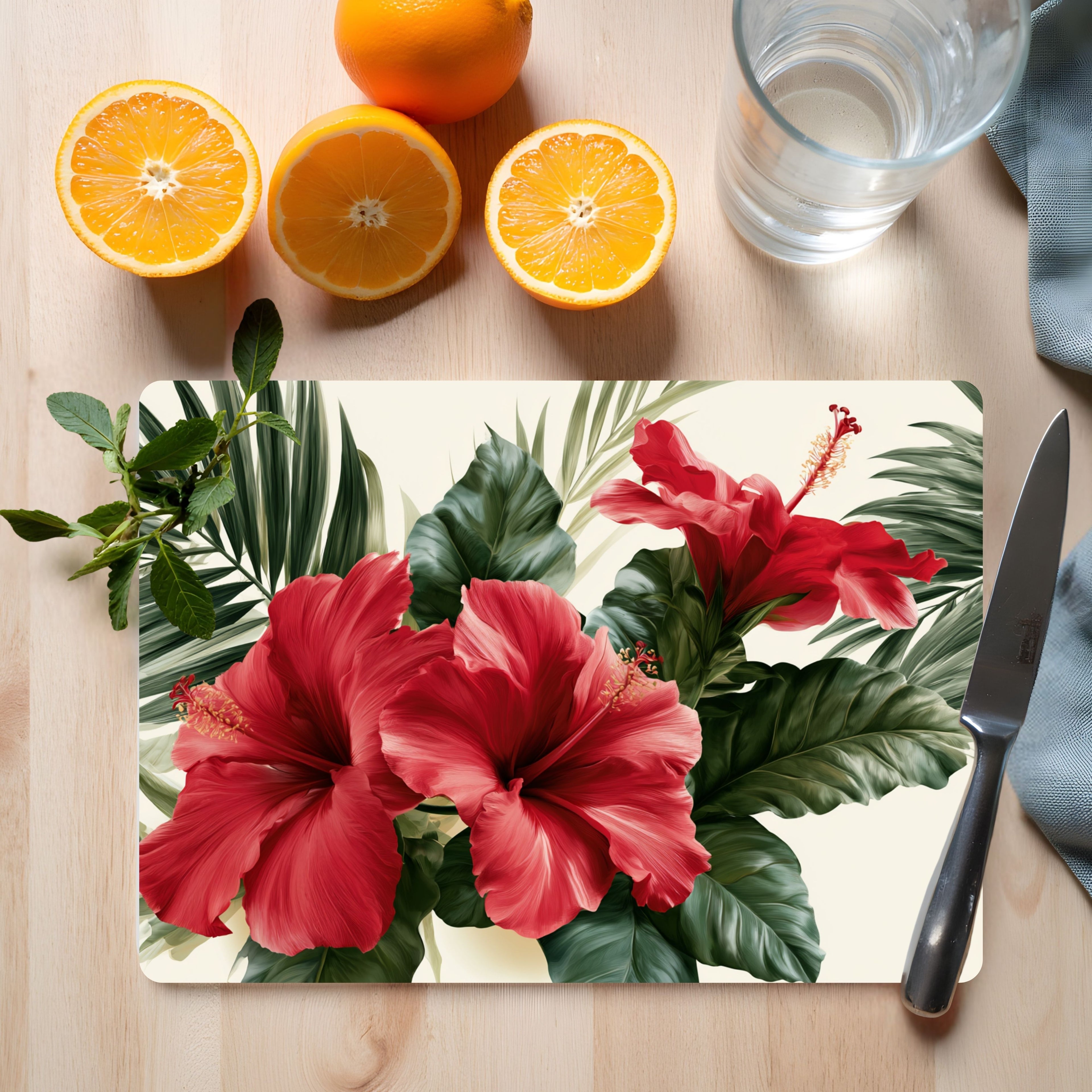 Tropical Hibiscus Glass Cutting Board Personalized for Vibrant Botanical Kitchens