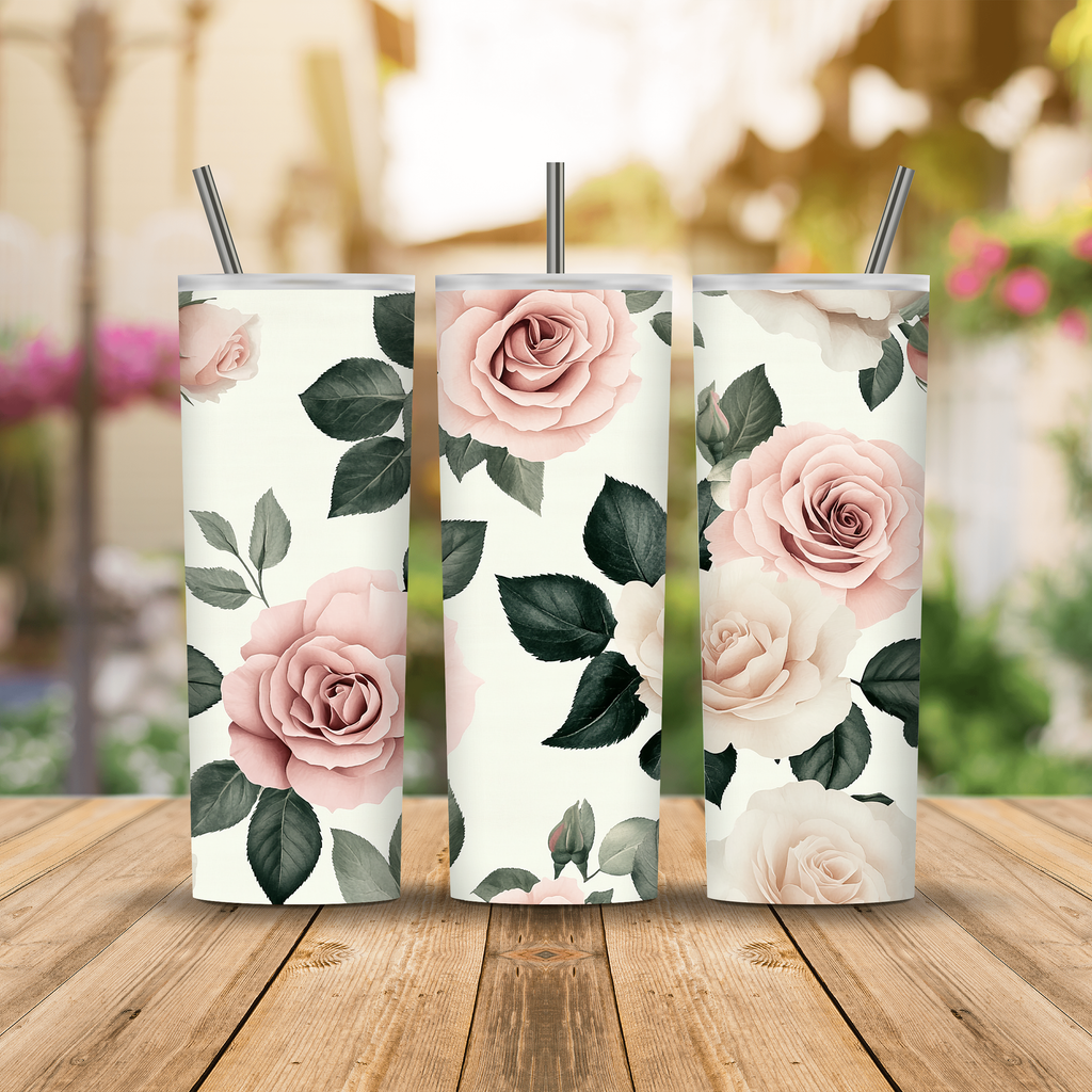 Personalized Blush Rose Tumbler, Custom Botanical Floral Gift