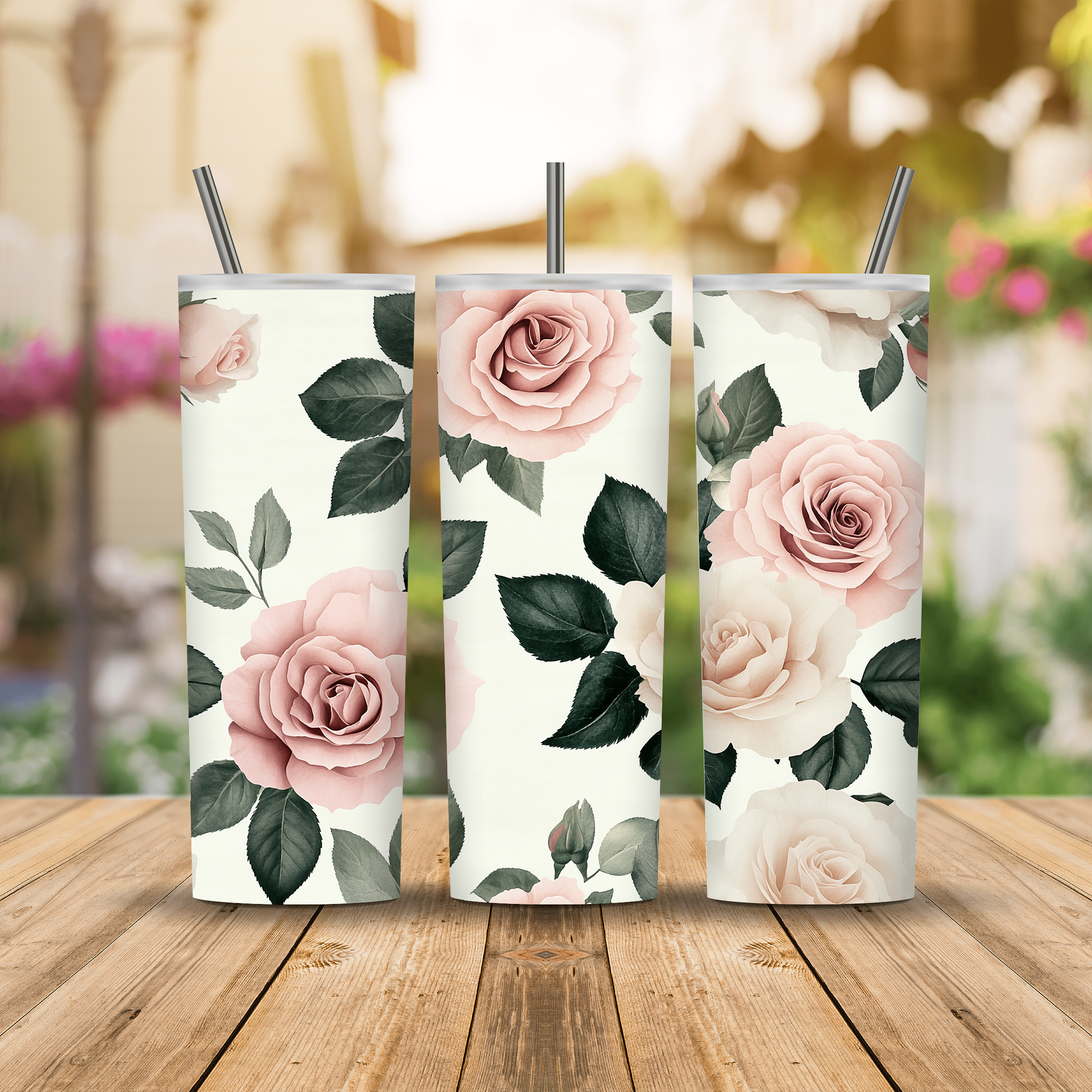 Personalized Blush Rose Tumbler, Custom Botanical Floral Gift
