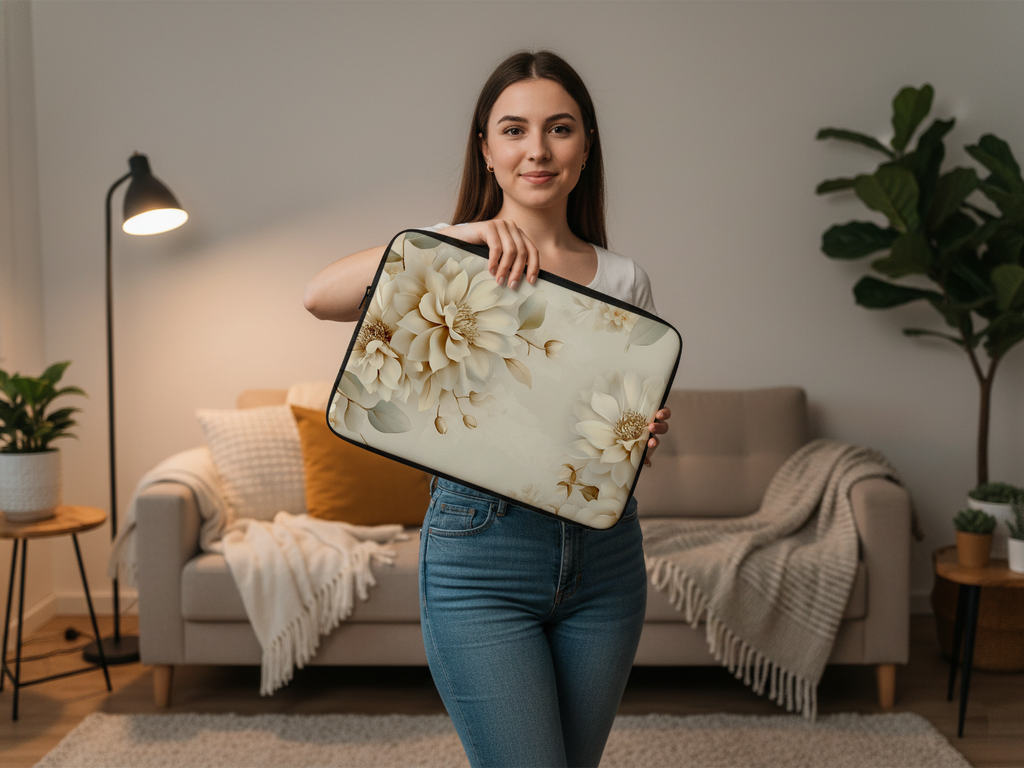 Cream Magnolia Laptop Portfolio with Personalized Name Botanical Tech Sleeve
