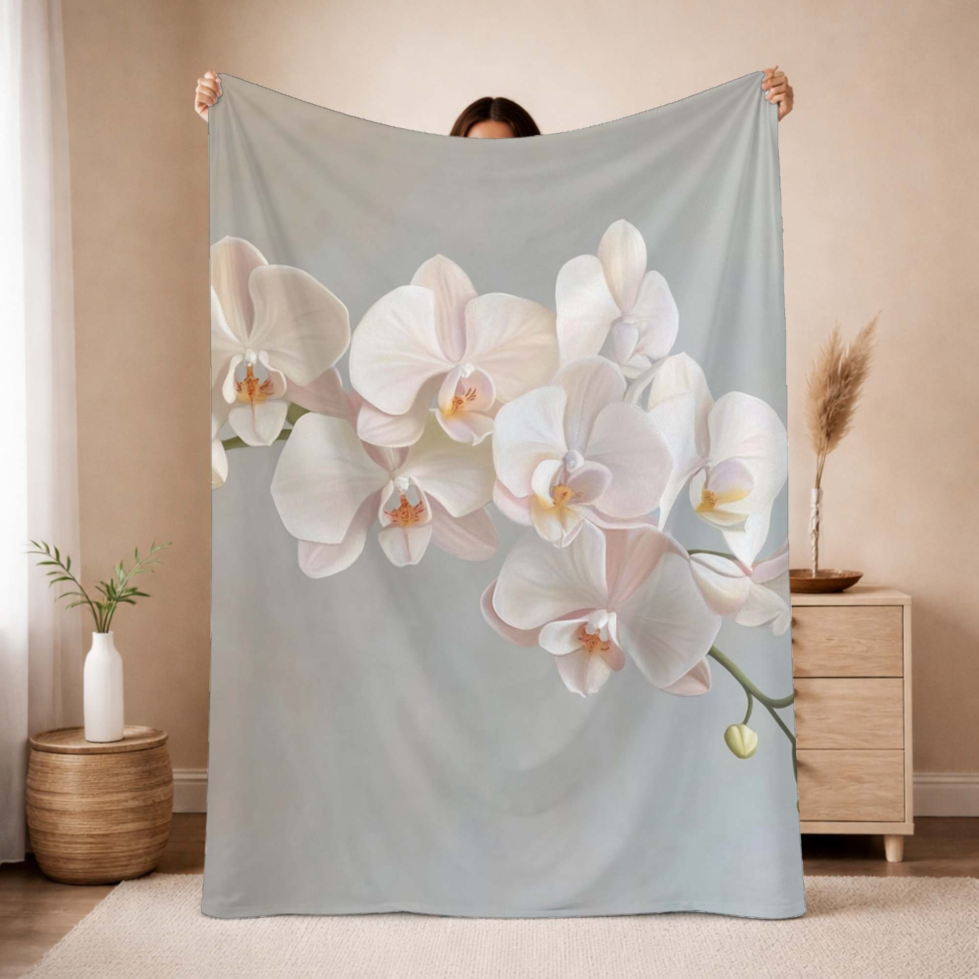 Personalized White Orchid Sherpa Blanket with Custom Name Floral Throw Gift