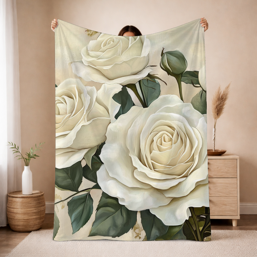 Personalized White Rose Sherpa Blanket with Custom Name